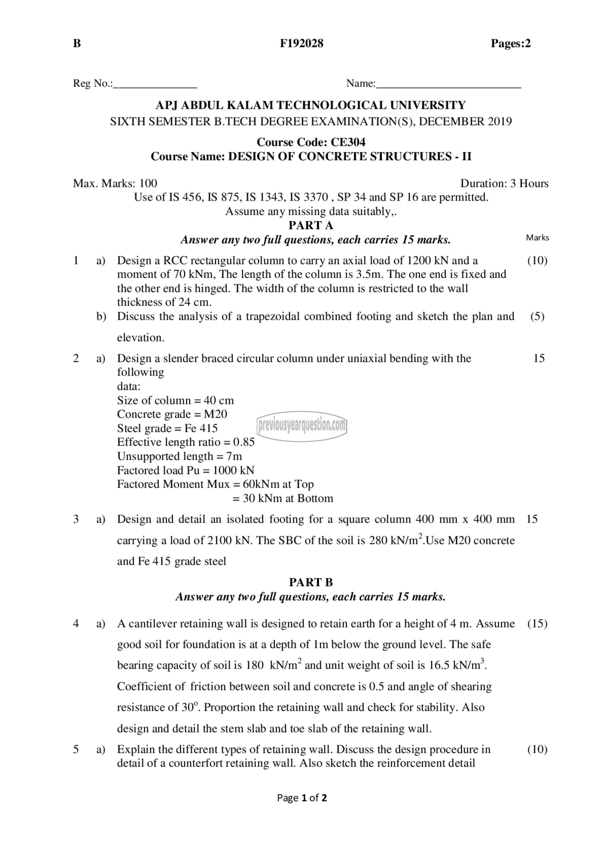 Question Paper - Design of Concrete Structures II-1