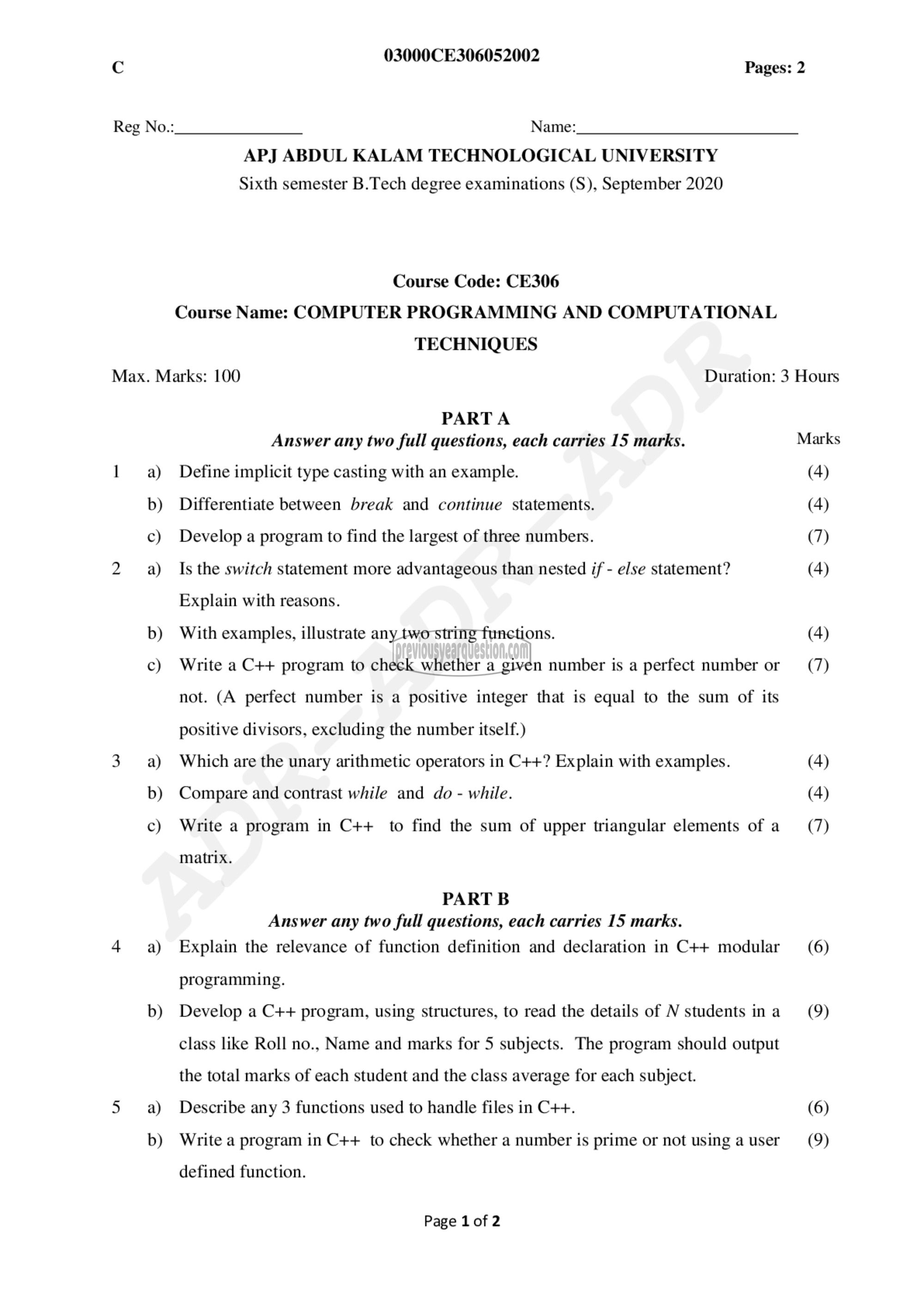 Question Paper - Computer Programming and Computational Techniques-1