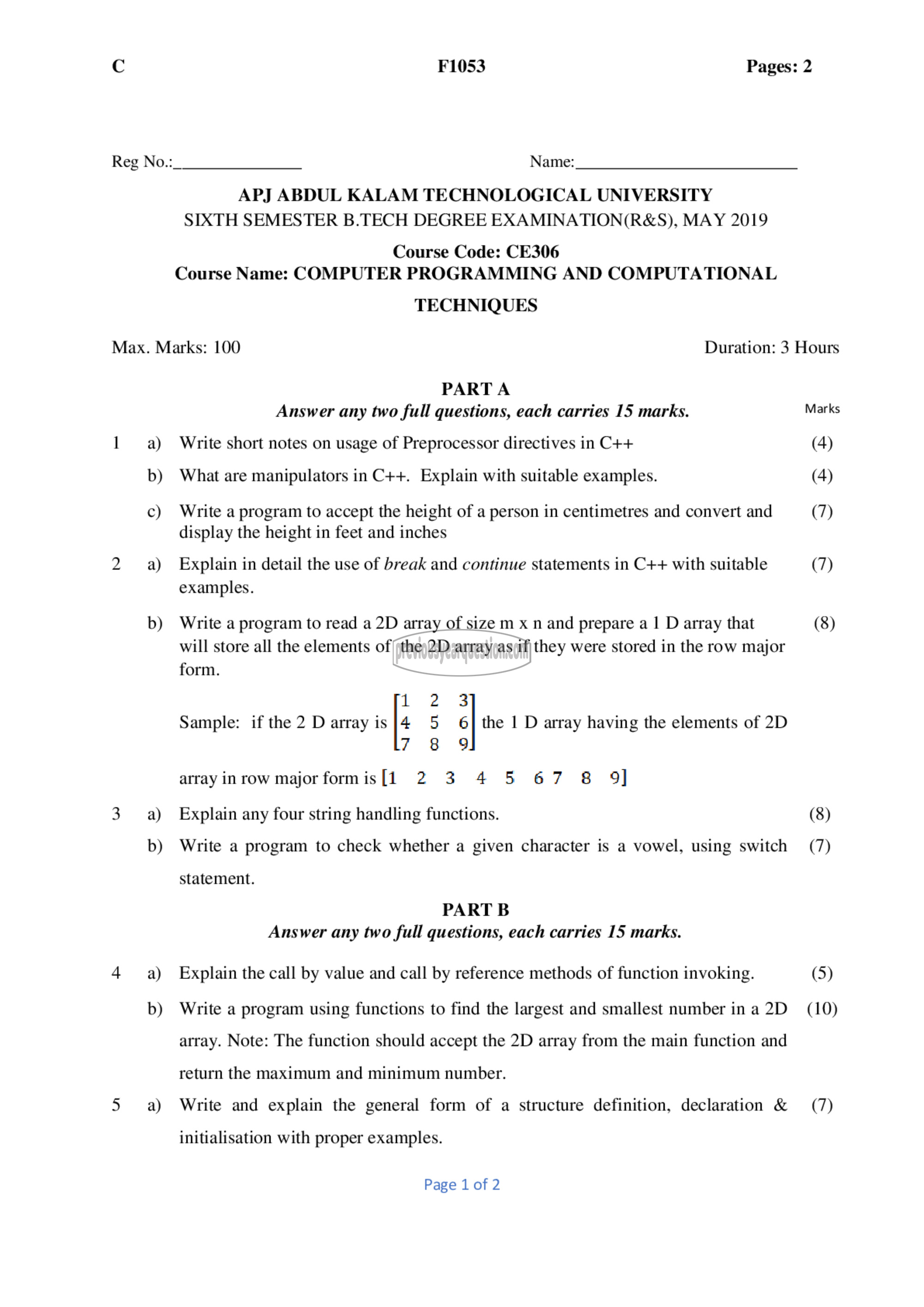 Question Paper - Computer Programming and Computational Techniques-1