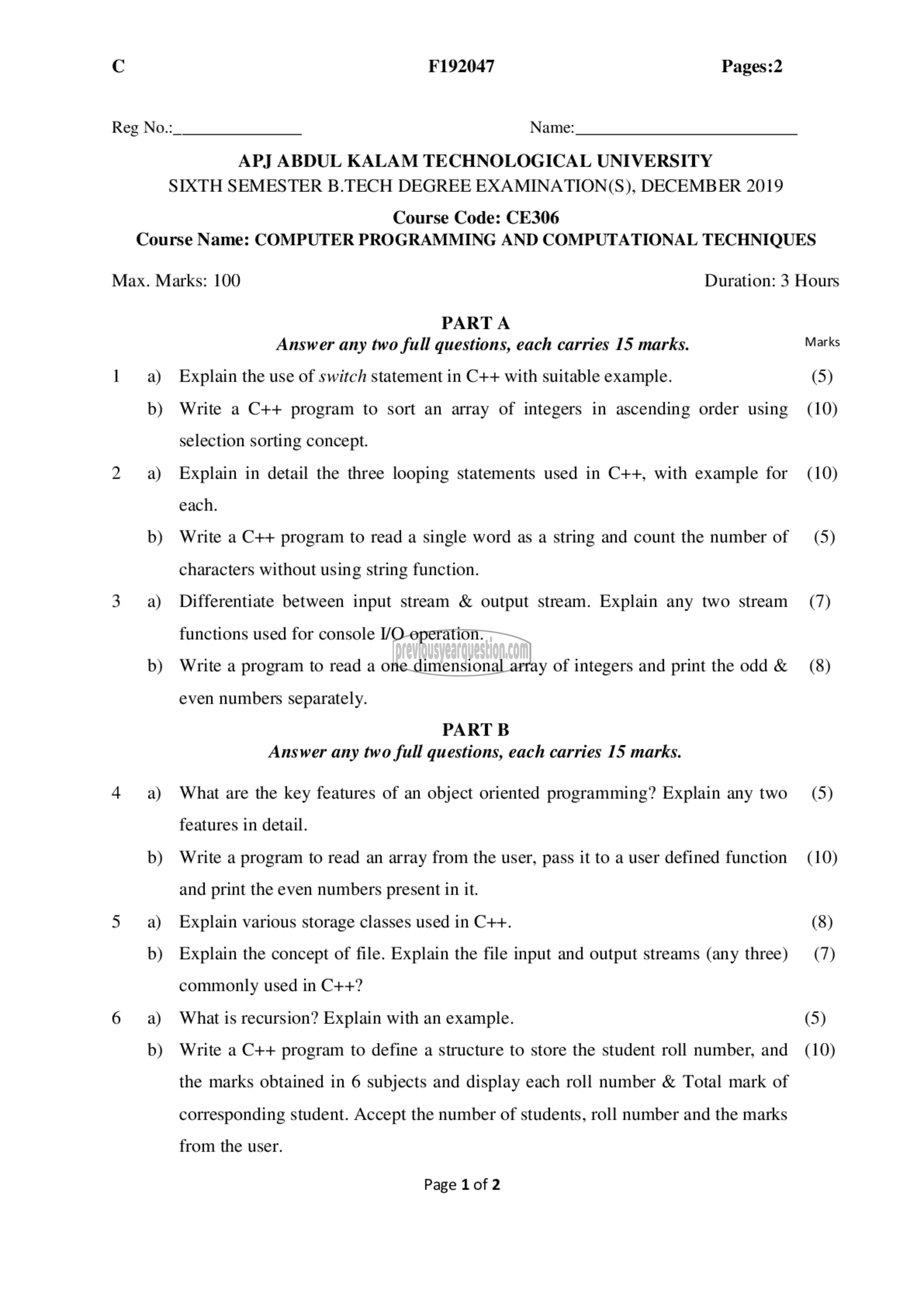 Question Paper - Computer Programming and Computational Techniques-1