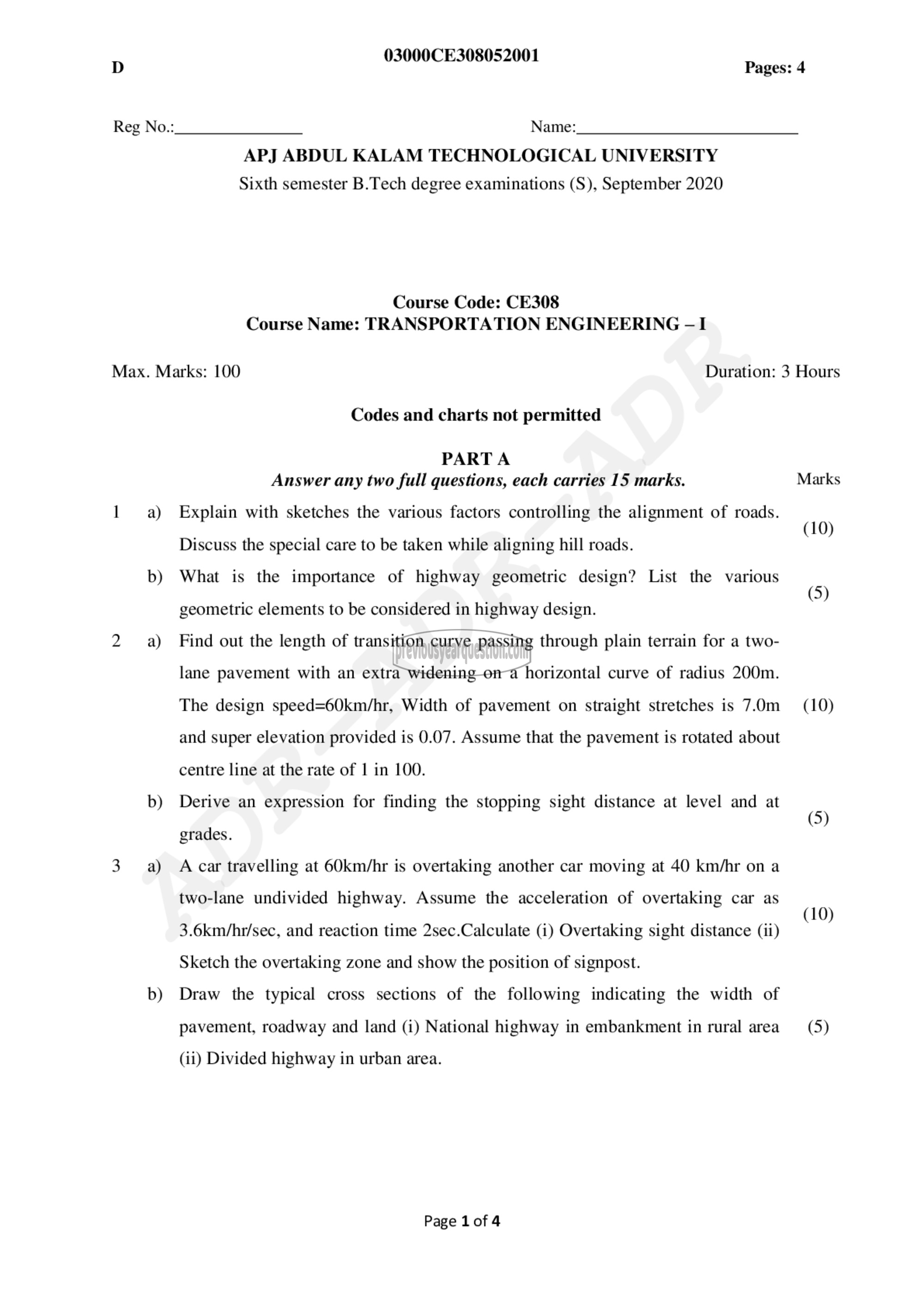 Question Paper - Transportation Engineering- I-1