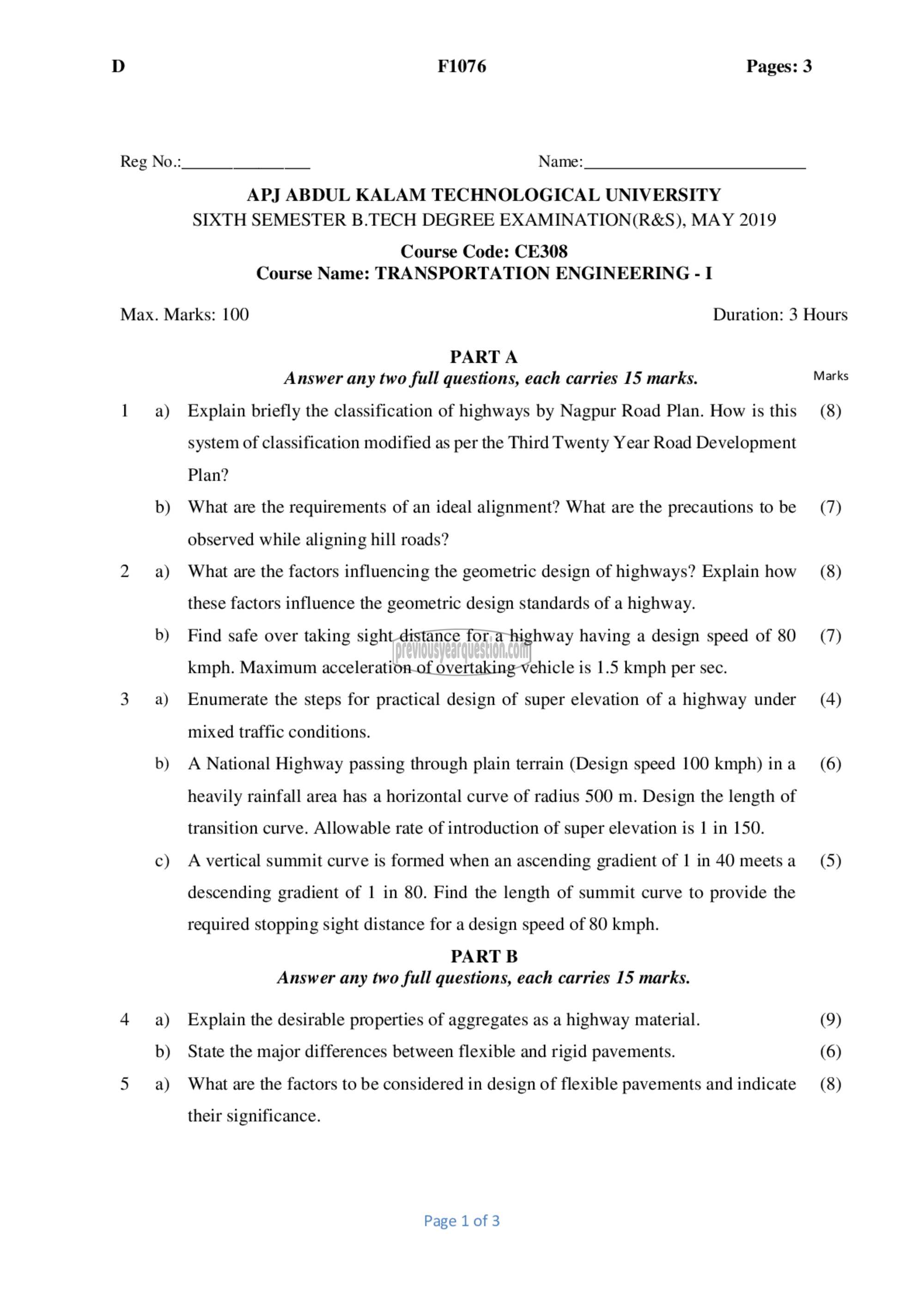 Question Paper - Transportation Engineering- I-1