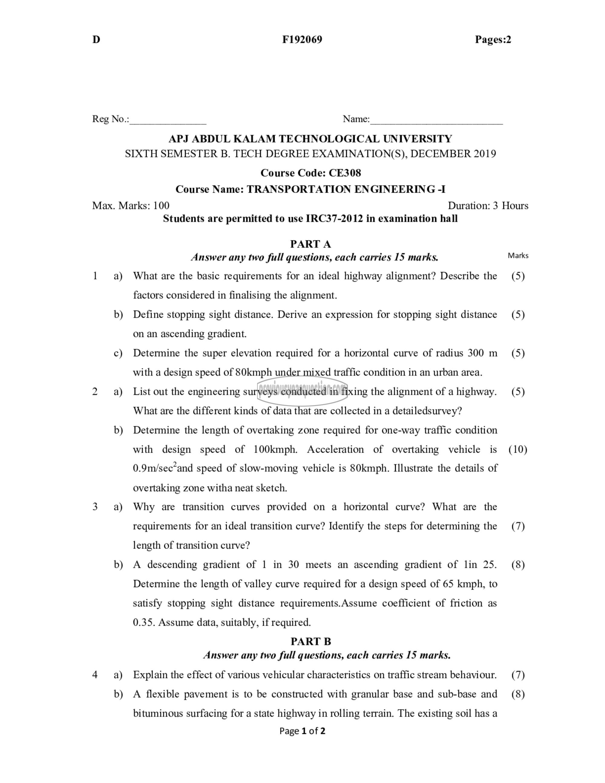 Question Paper - Transportation Engineering- I-1