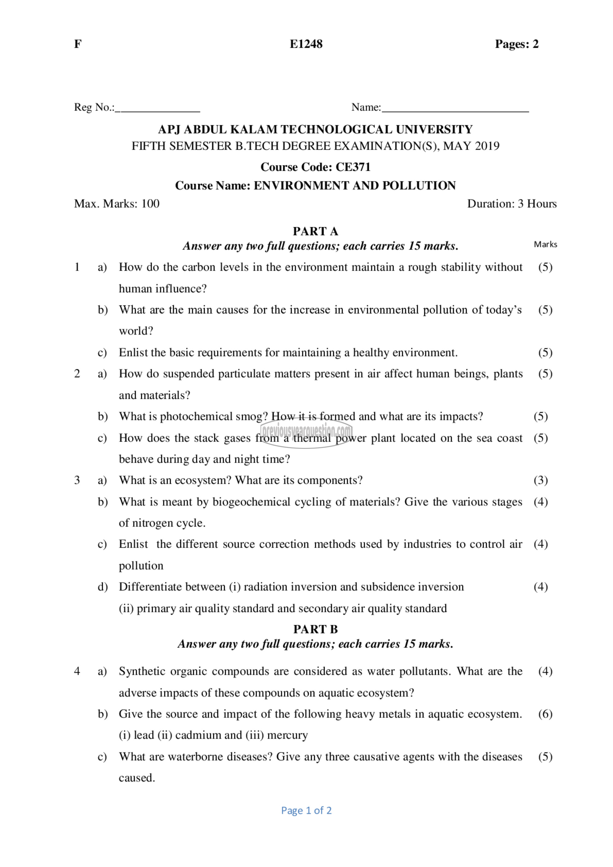 Question Paper - Environment and Pollution-1