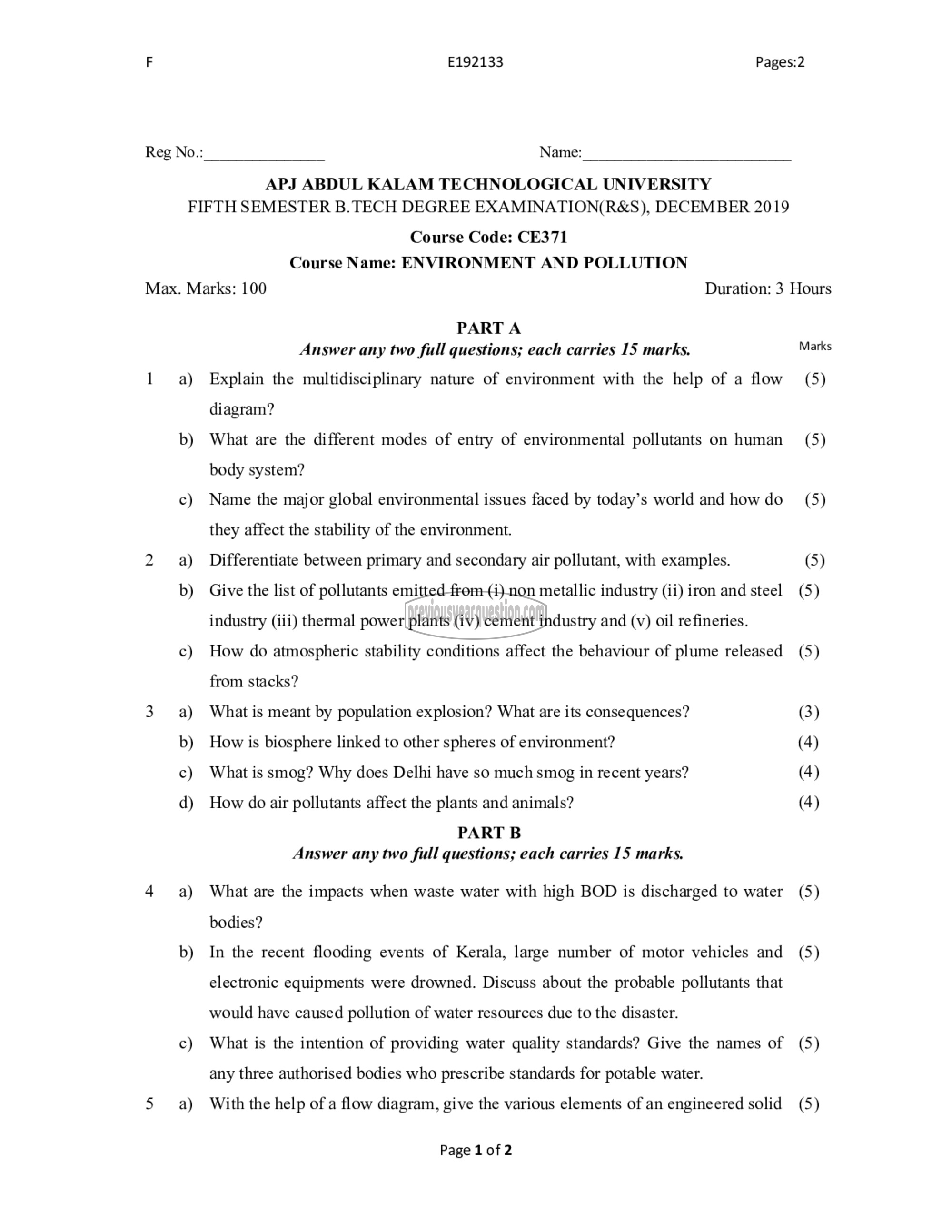 Question Paper - Environment and Pollution-1