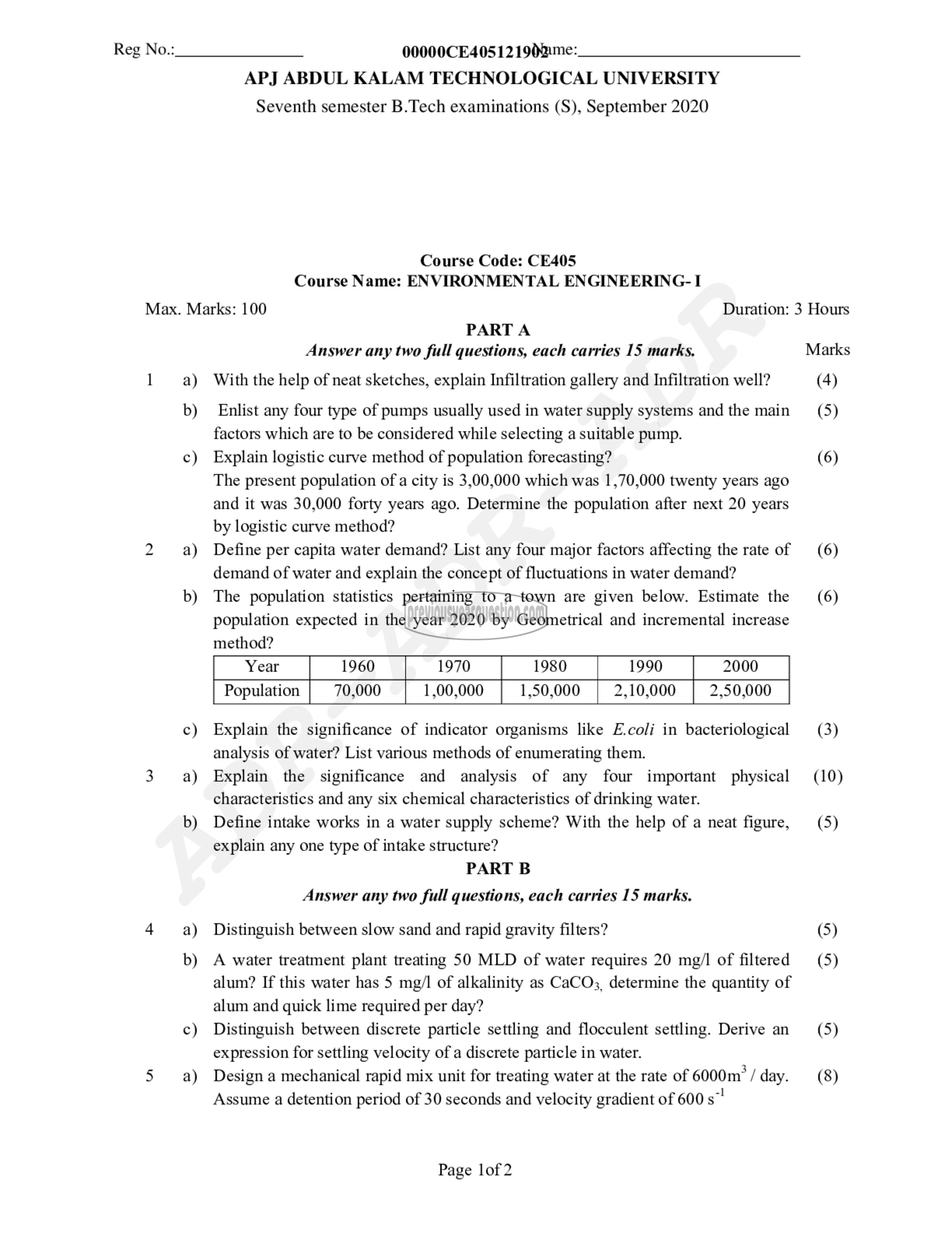 Question Paper - Environmental Engineering- I-1