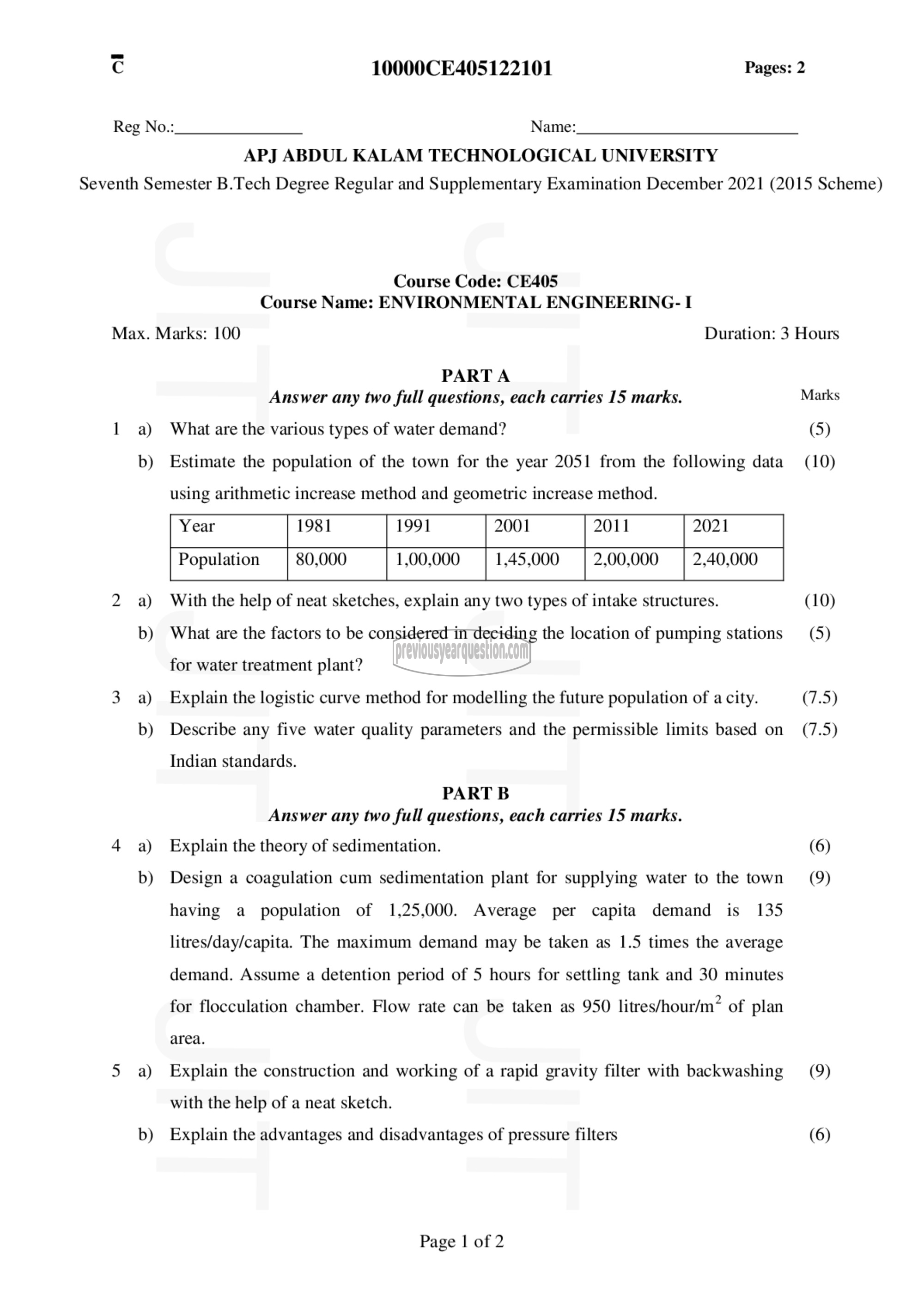 Question Paper - Environmental Engineering- I-1