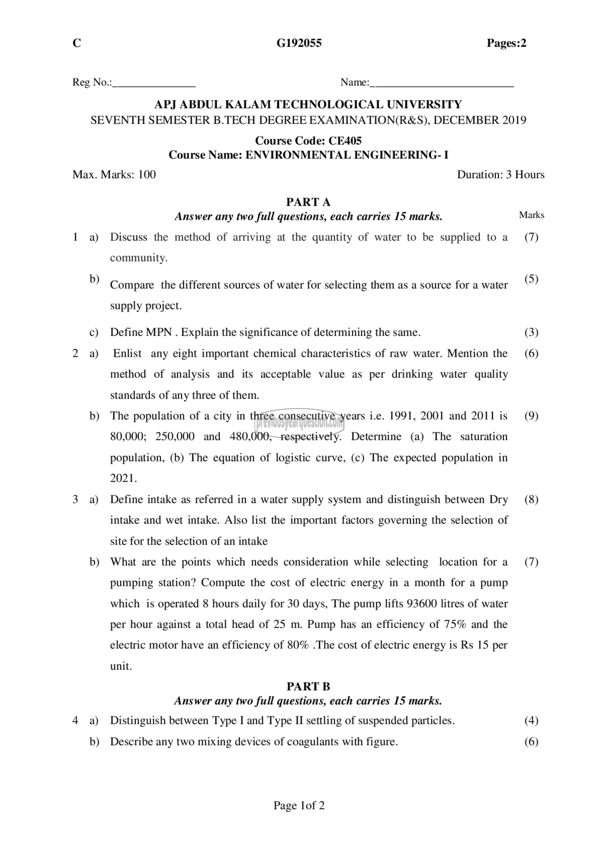 Question Paper - Environmental Engineering- I-1