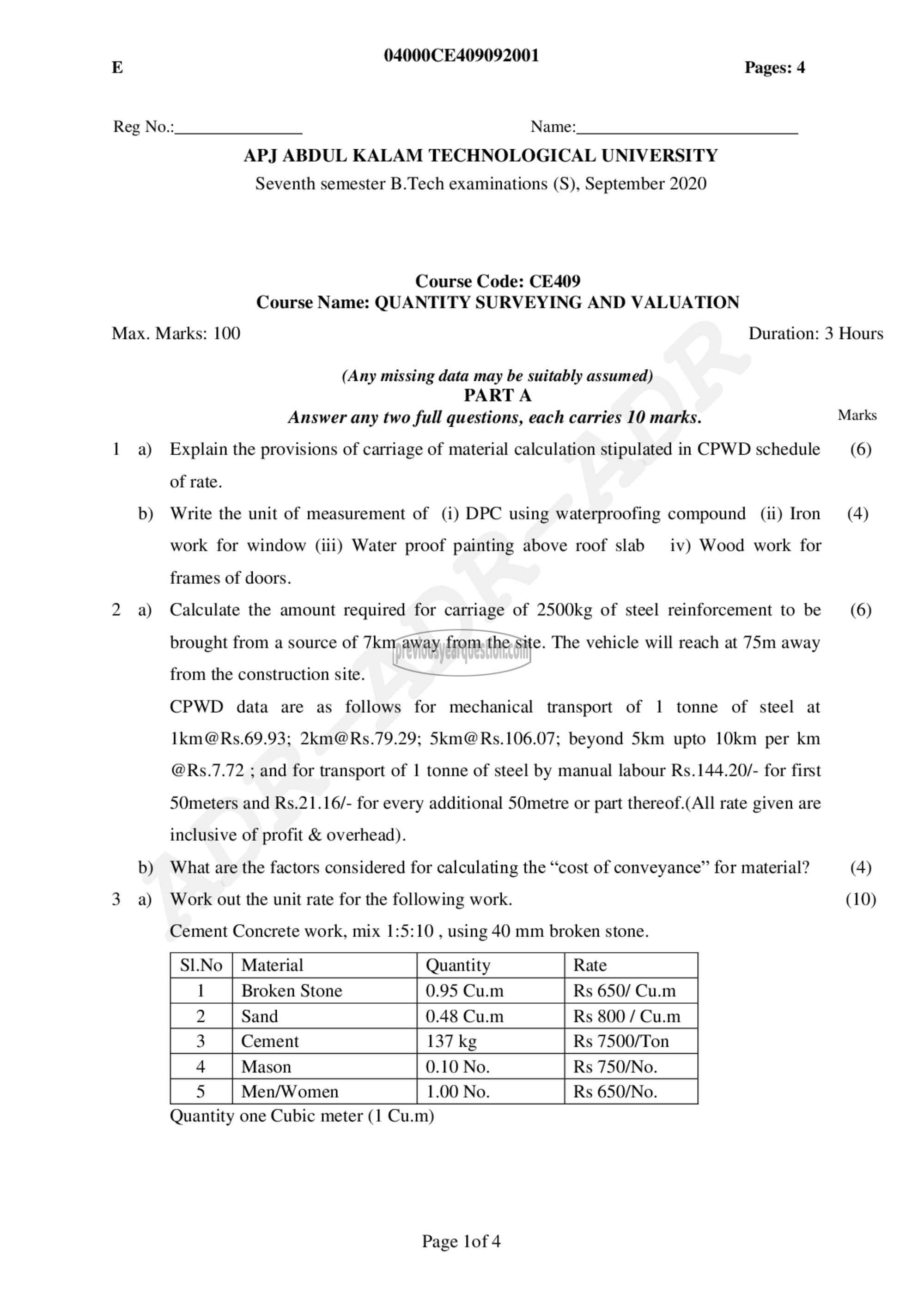 Question Paper - Quantity Surveying and Valuation-1