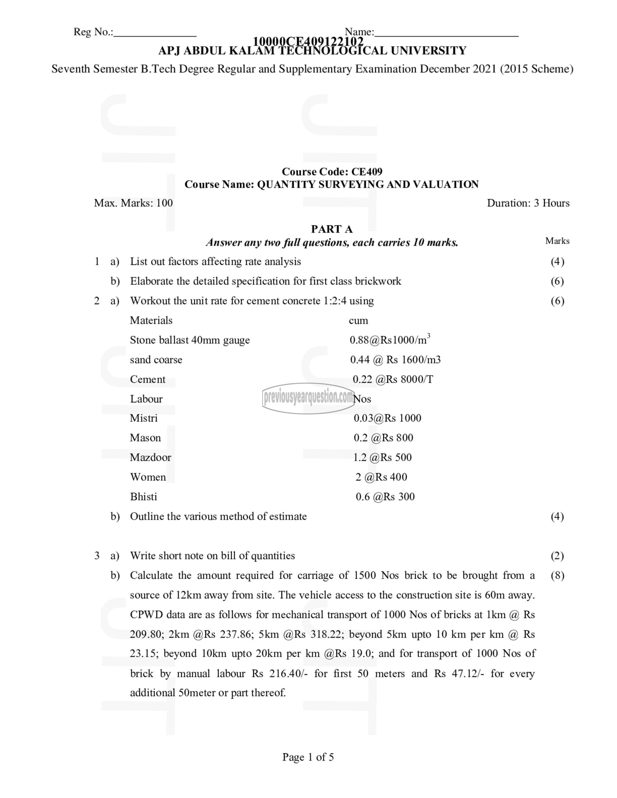 Question Paper - Quantity Surveying and Valuation-1