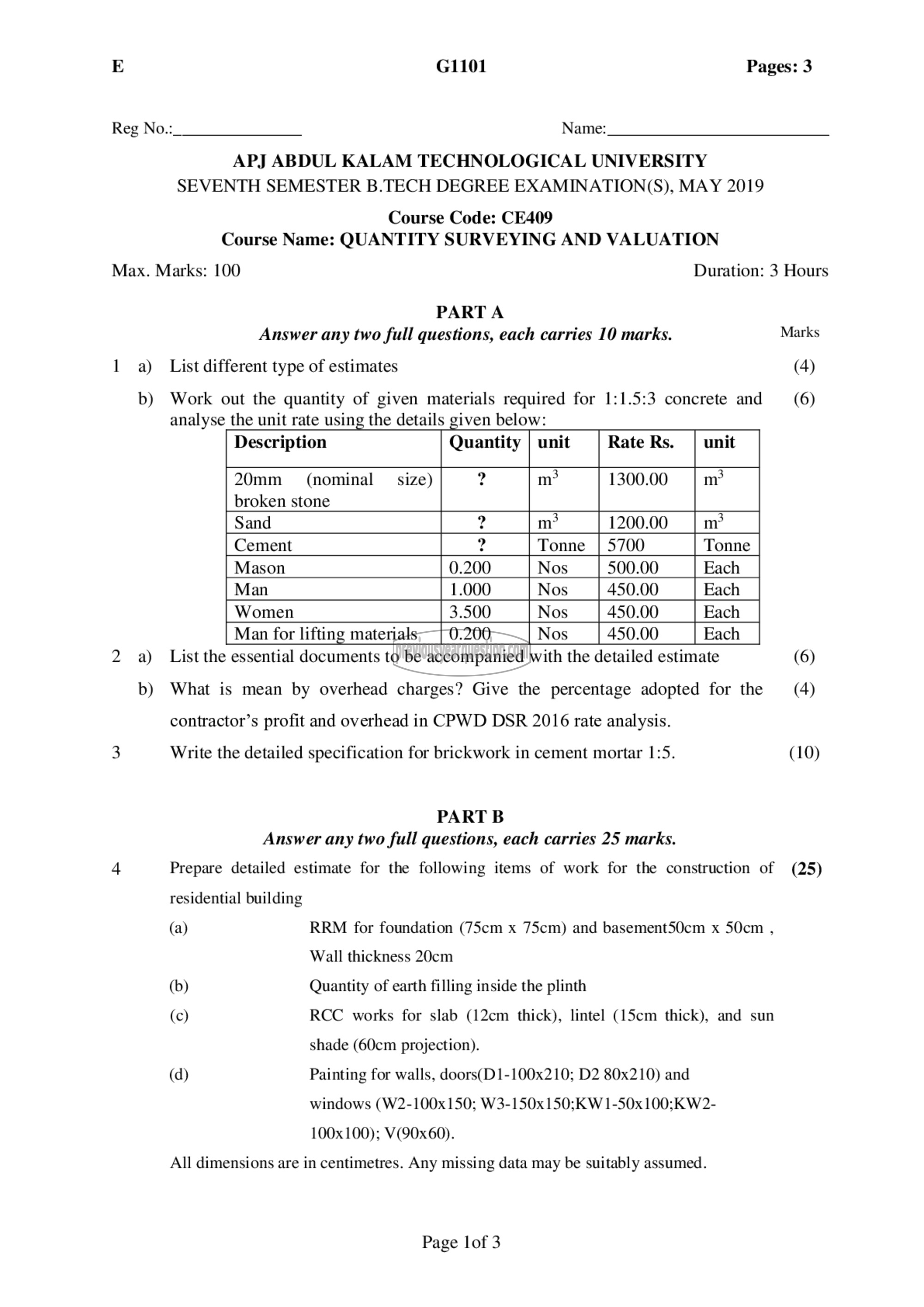 Question Paper - Quantity Surveying and Valuation-1