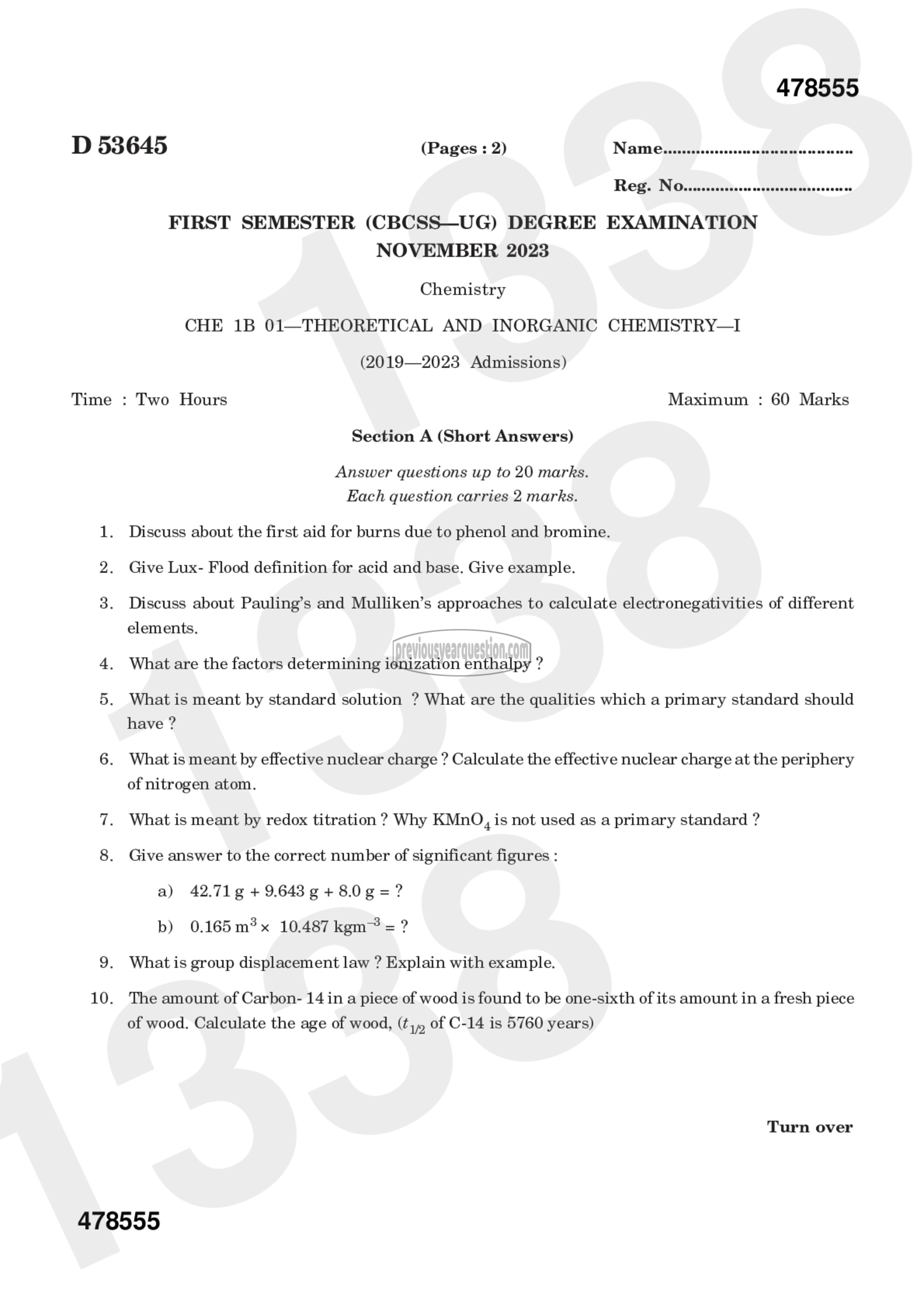 Question Paper - Theoretical and Inorganic Chemistry-I-1