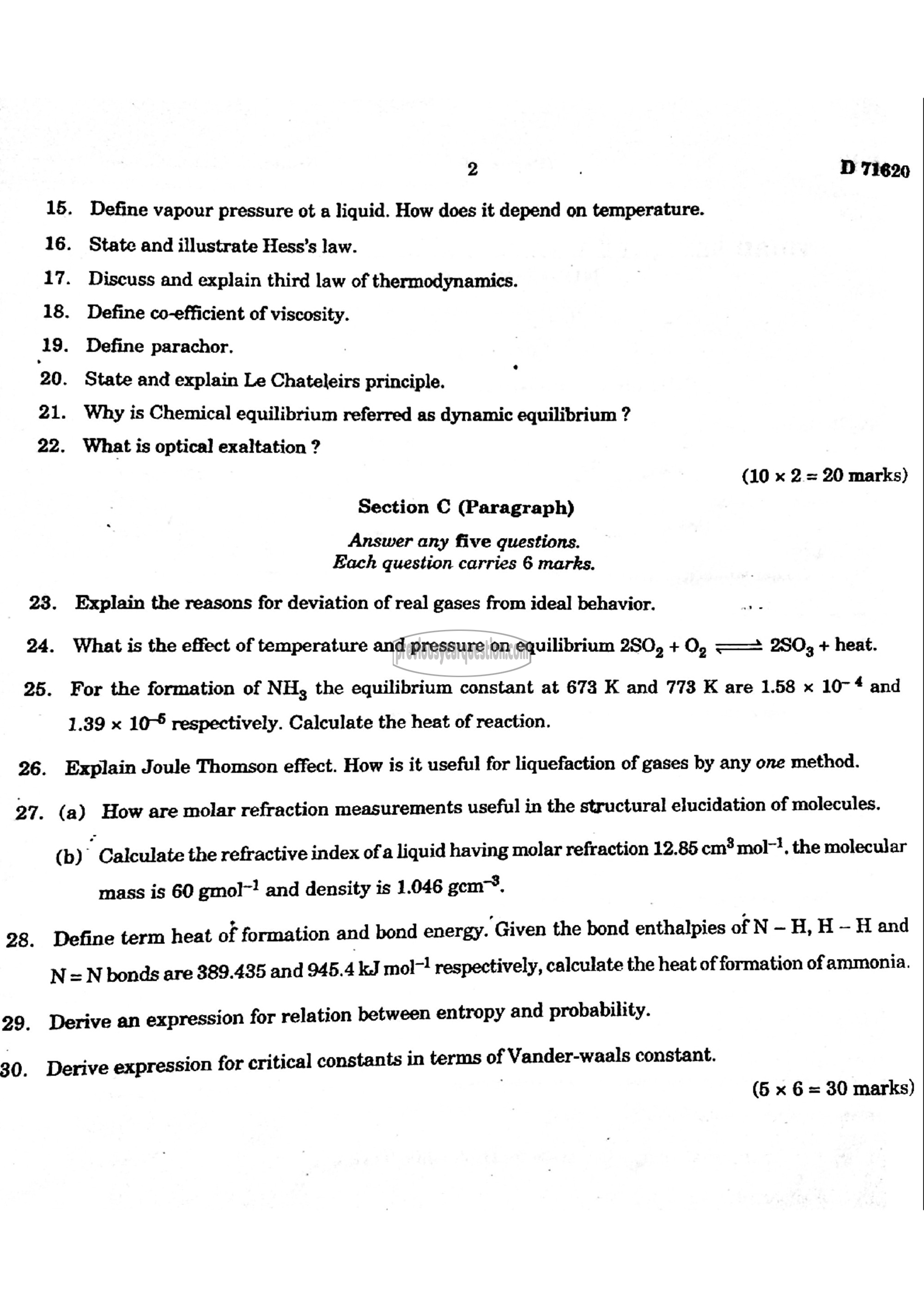 Question Paper - Physical Chemistry-I-2