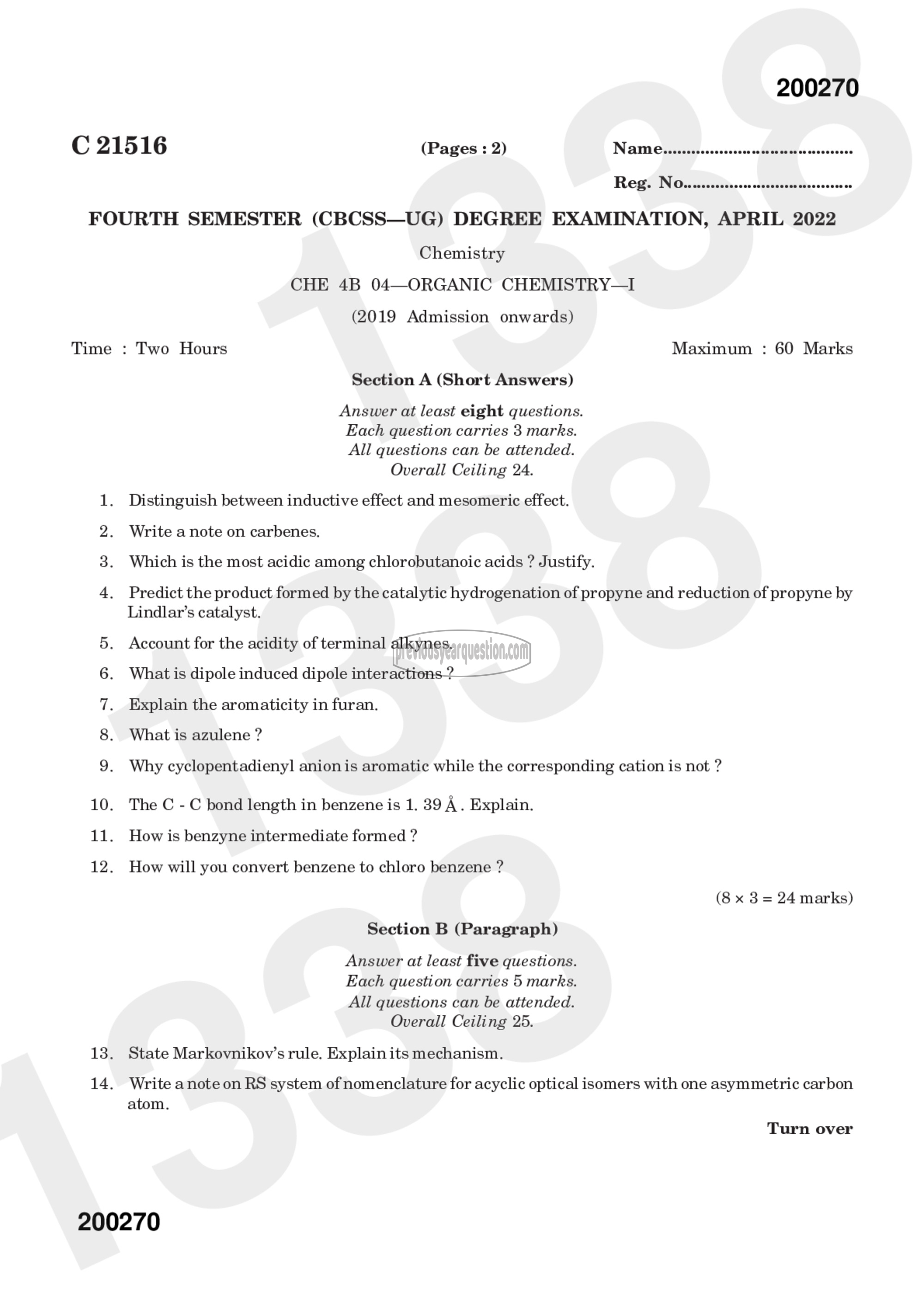 Question Paper - Organic Chemistry-I-1