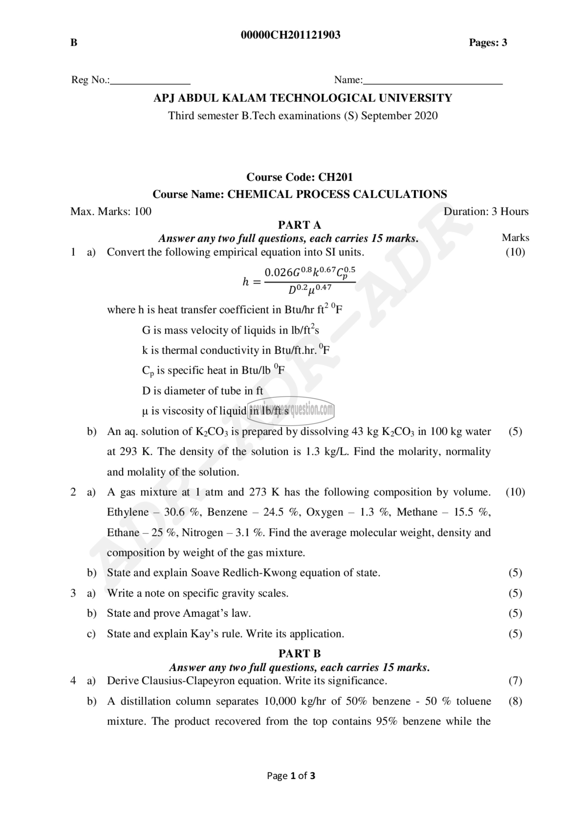 Question Paper - Chemical Process Calculations-1