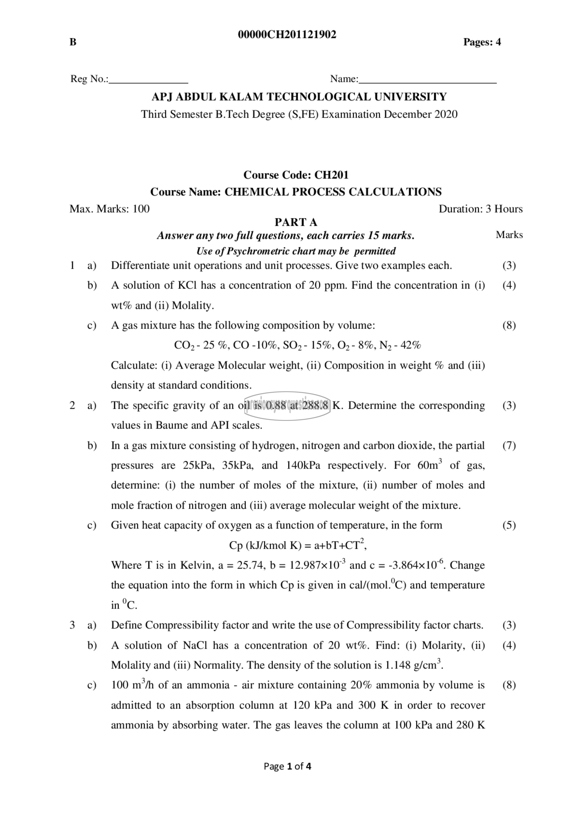 Question Paper - Chemical Process Calculations-1