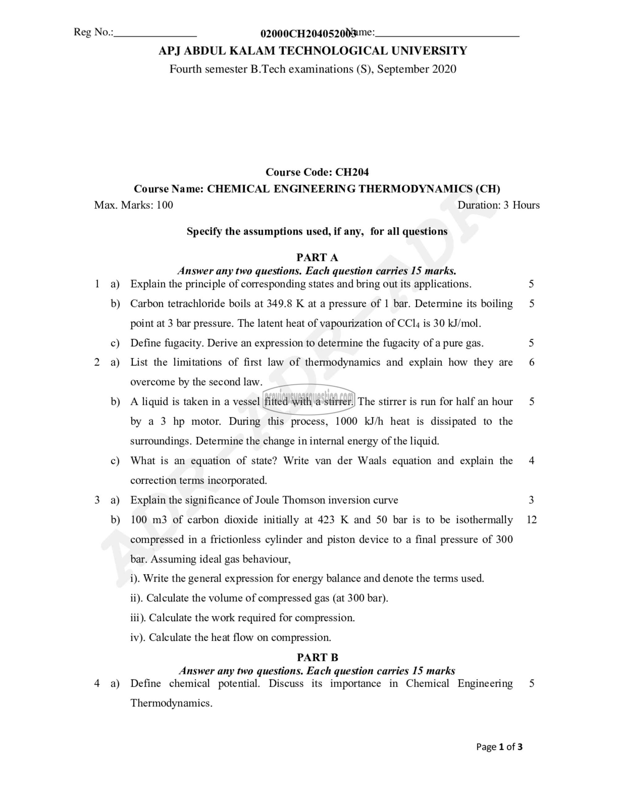 Question Paper - Chemical Engineering Thermodynamics-1