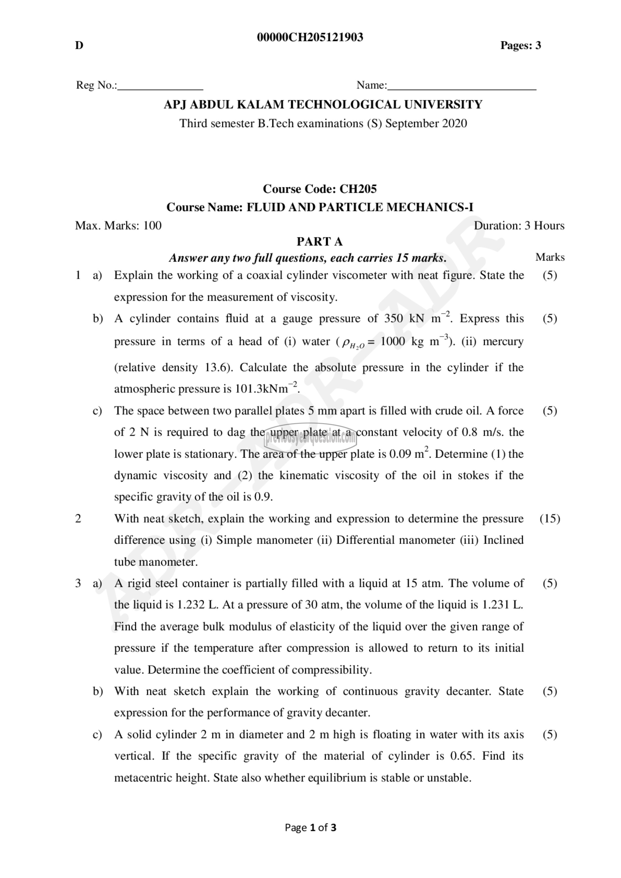 Question Paper - Fluid and Particle Mechanics - I-1