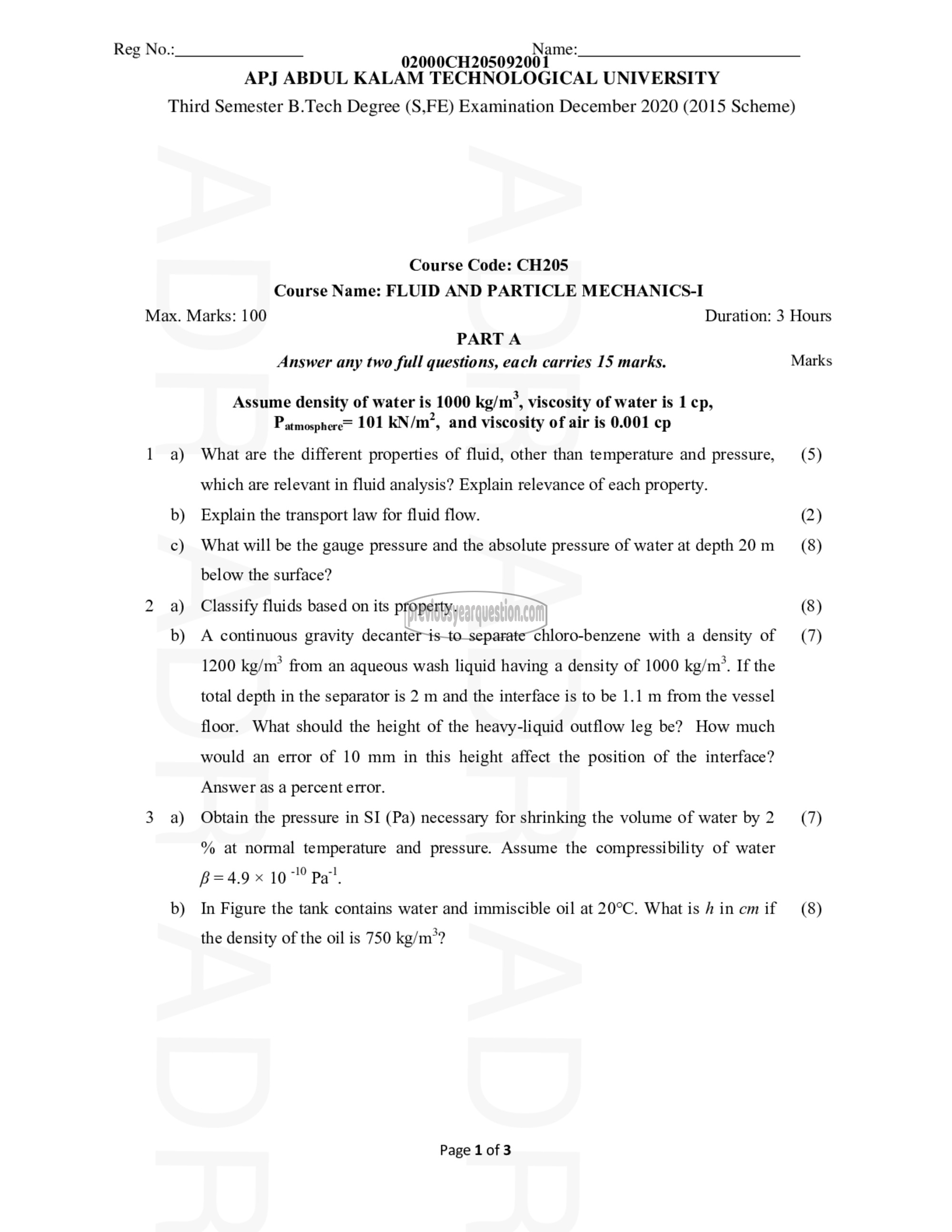 Question Paper - Fluid and Particle Mechanics - I-1