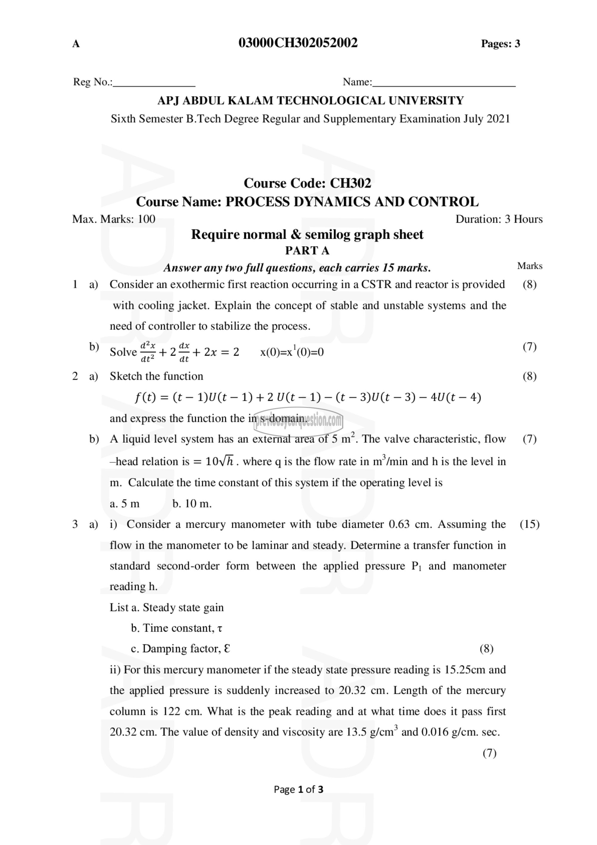 Question Paper - Process dynamics and control-1