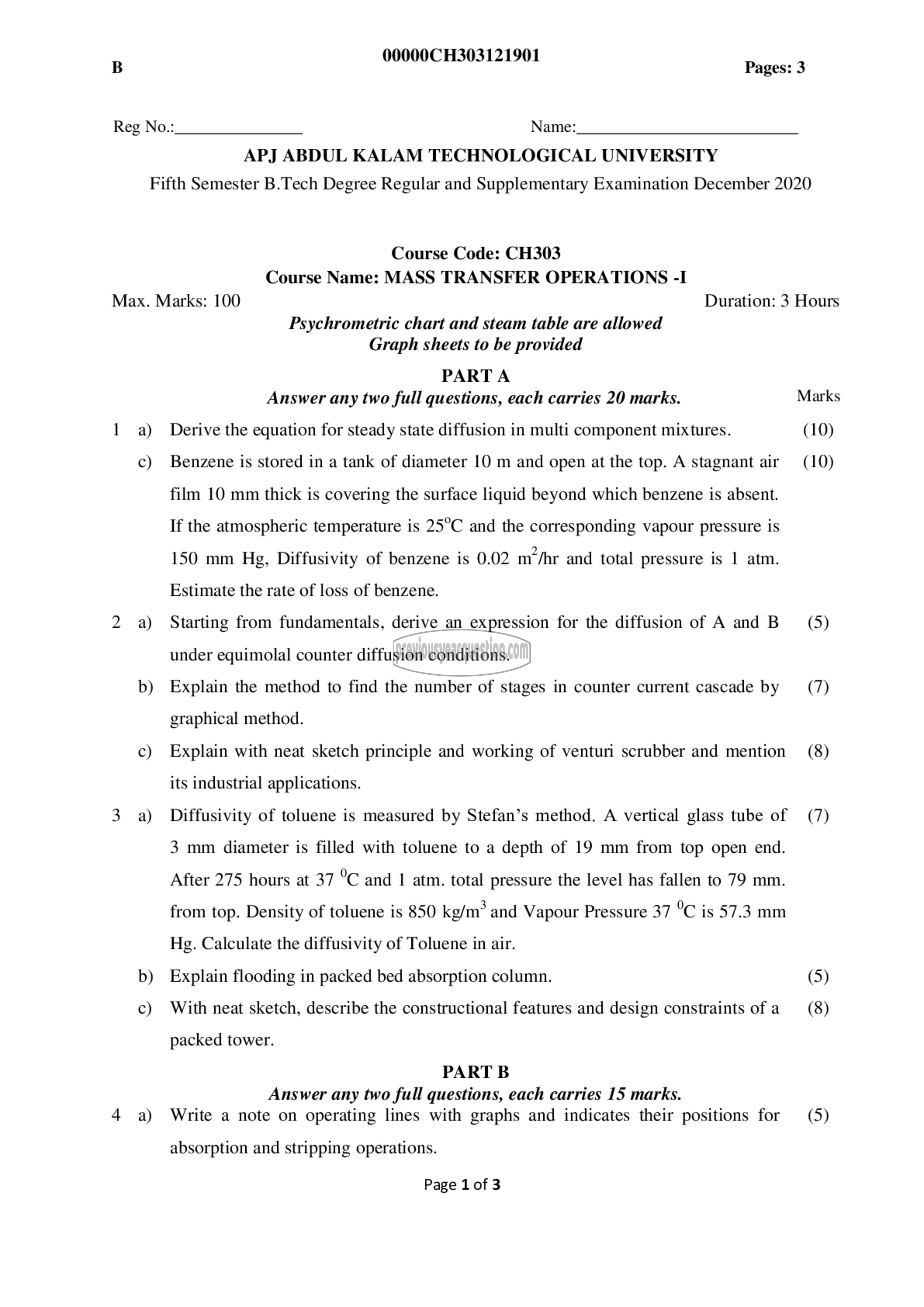 Question Paper - Mass Transfer Operations I-1