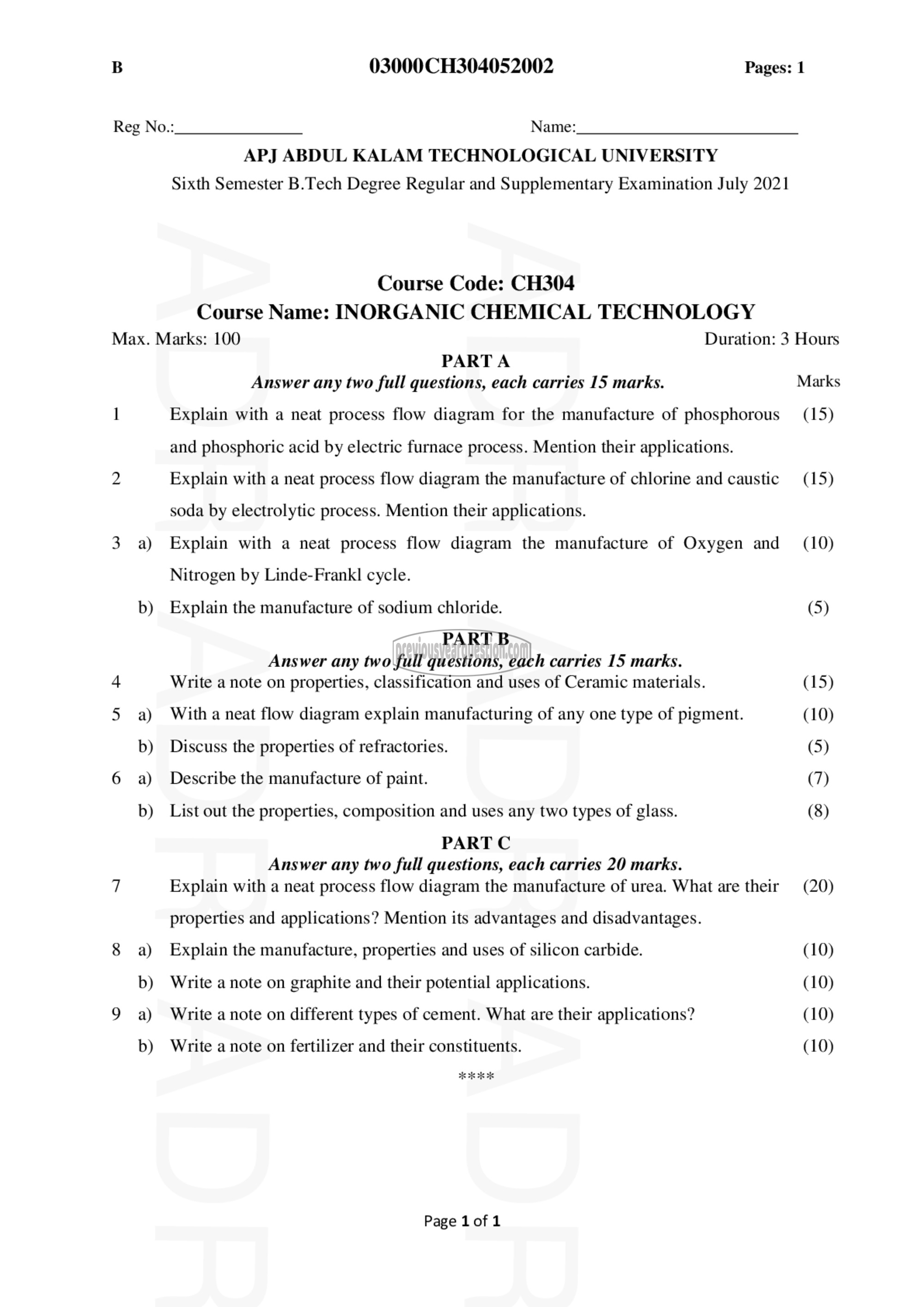 Question Paper - Inorganic chemical technology-1