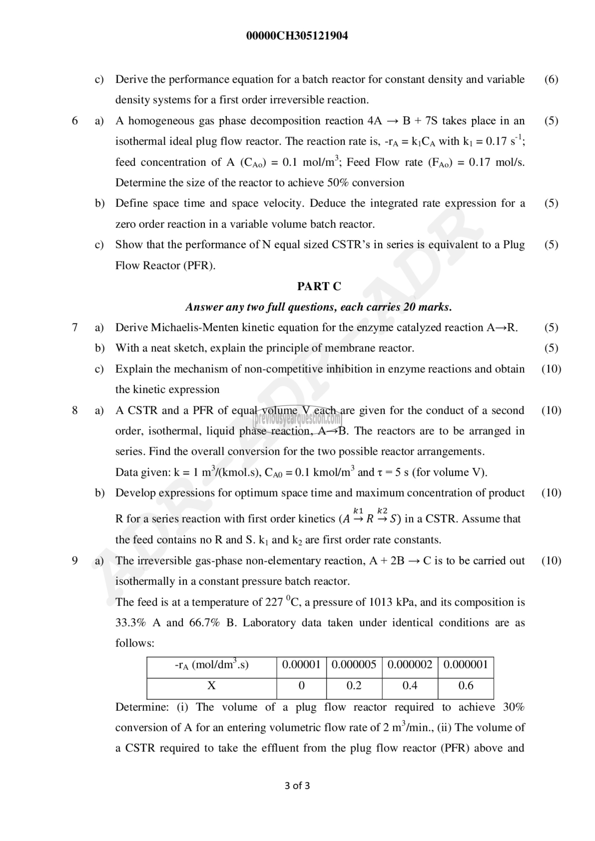 Question Paper - Chemical Reaction Engineering I-3