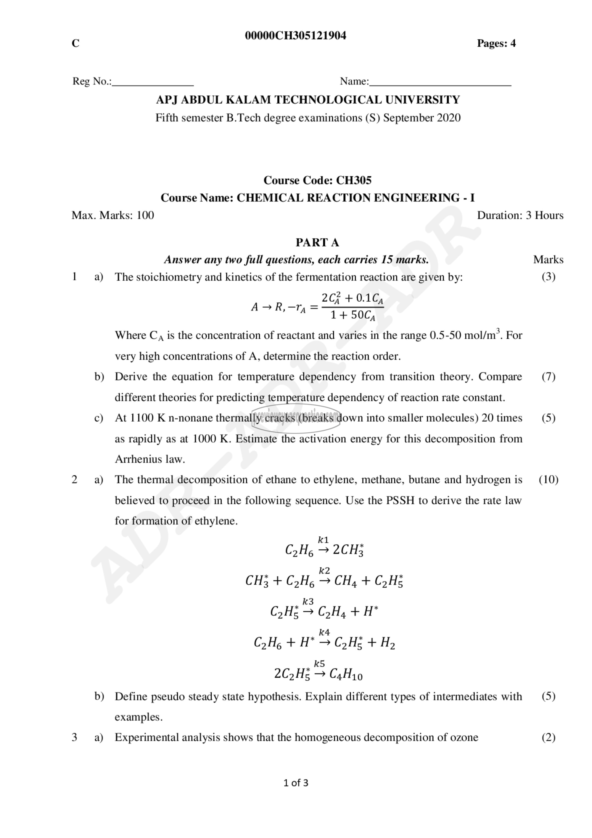 Question Paper - Chemical Reaction Engineering I-1