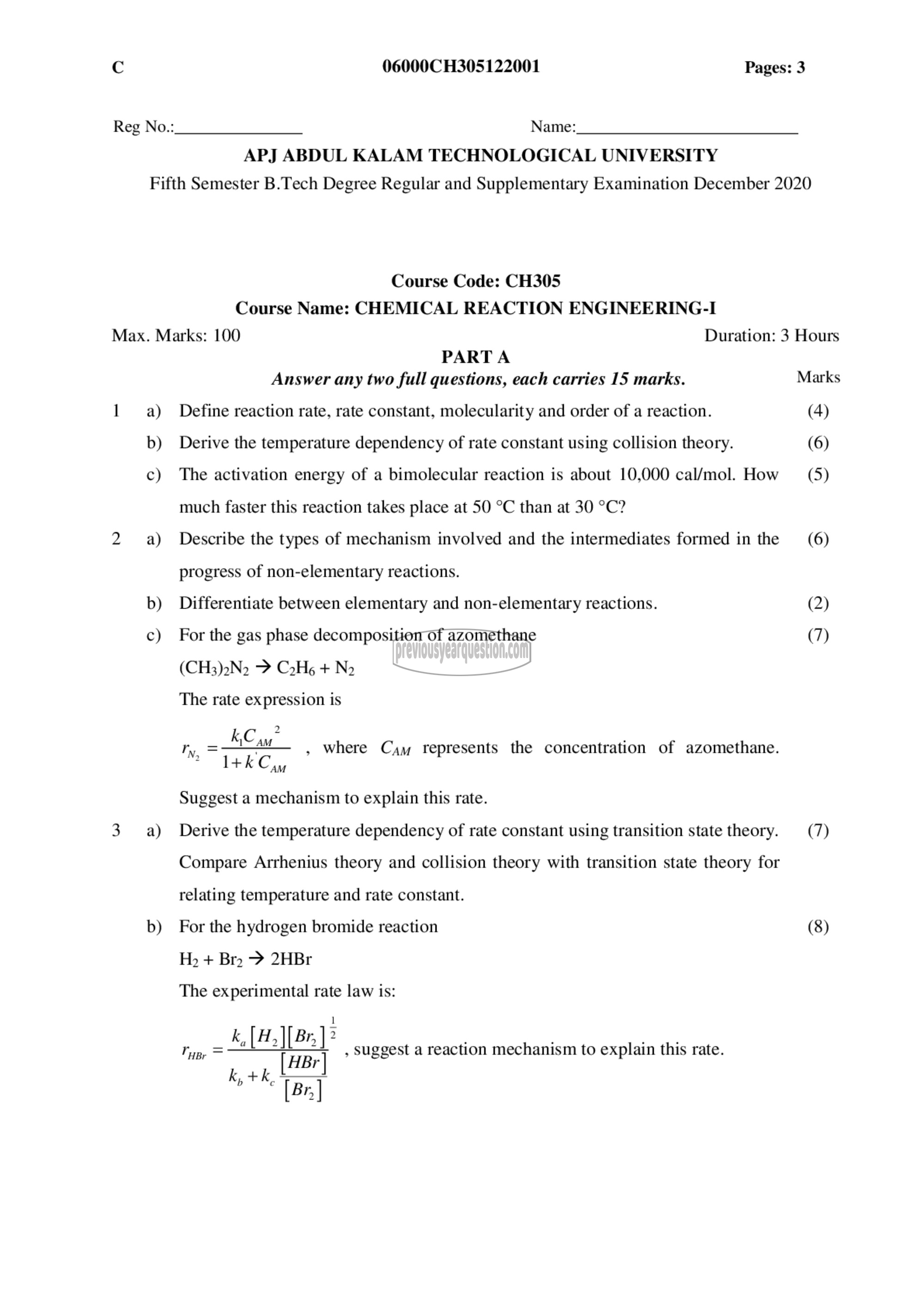 Question Paper - Chemical Reaction Engineering I-1