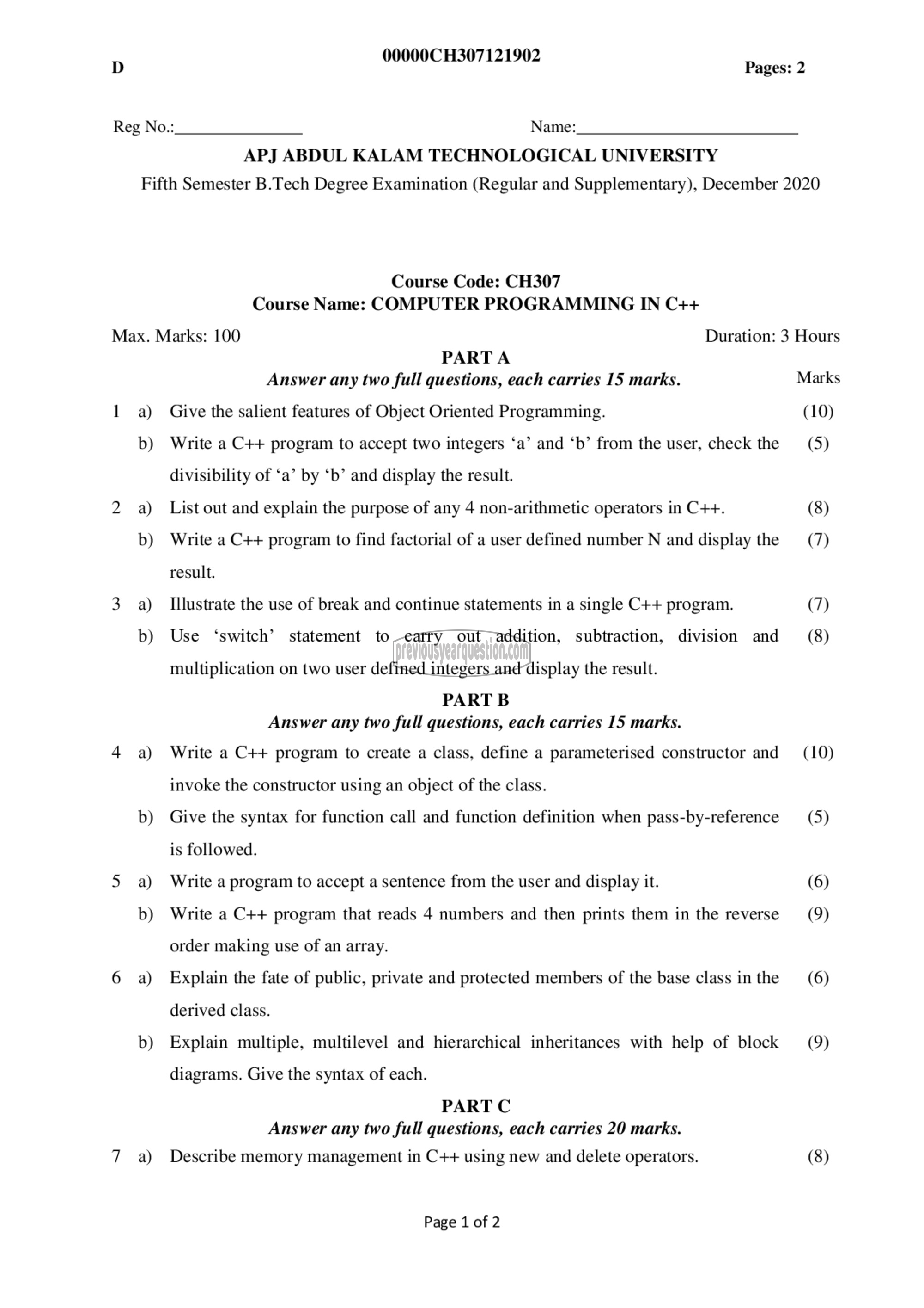 Question Paper - Computer Programming in C++-1