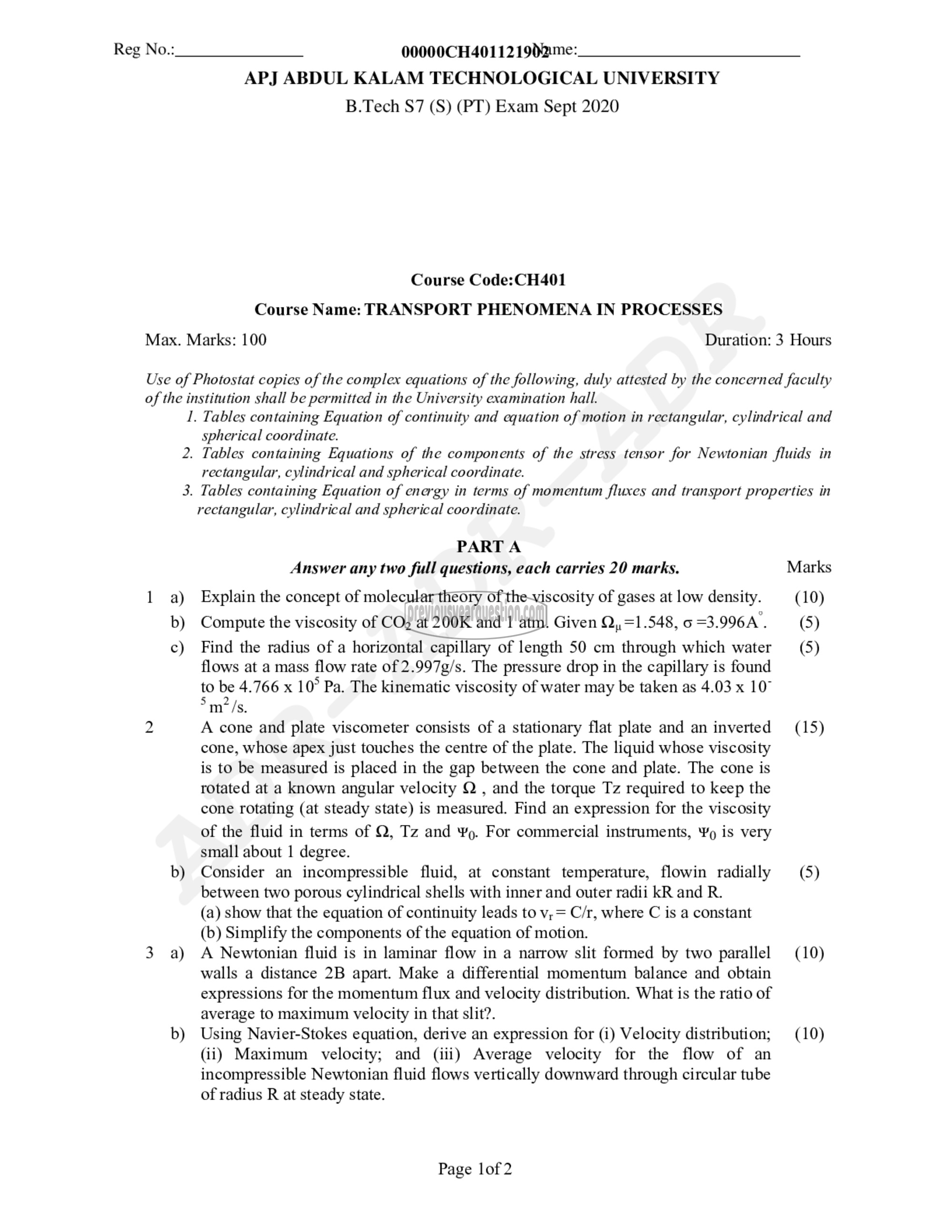 Question Paper - Transport Phenomena in Processes-1