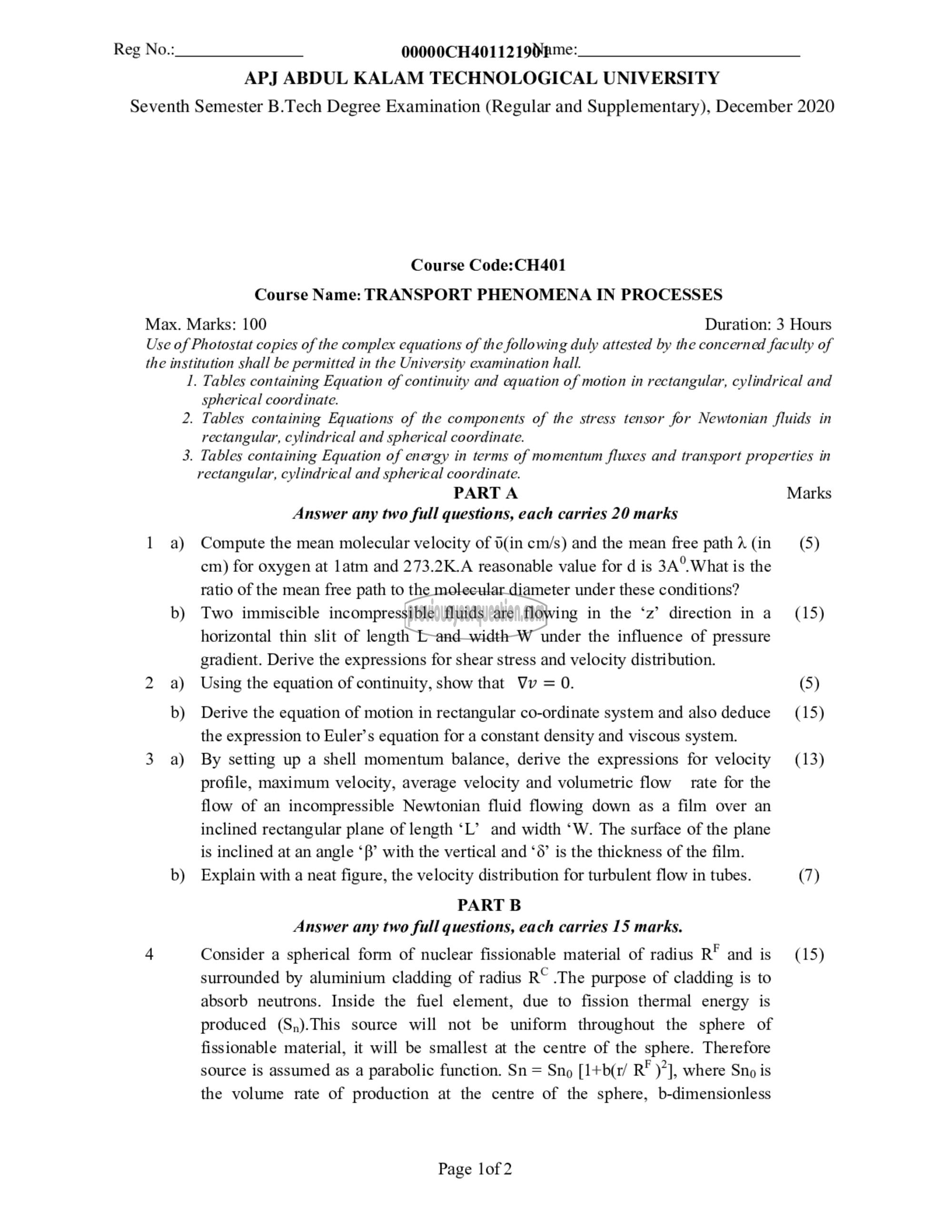 Question Paper - Transport Phenomena in Processes-1