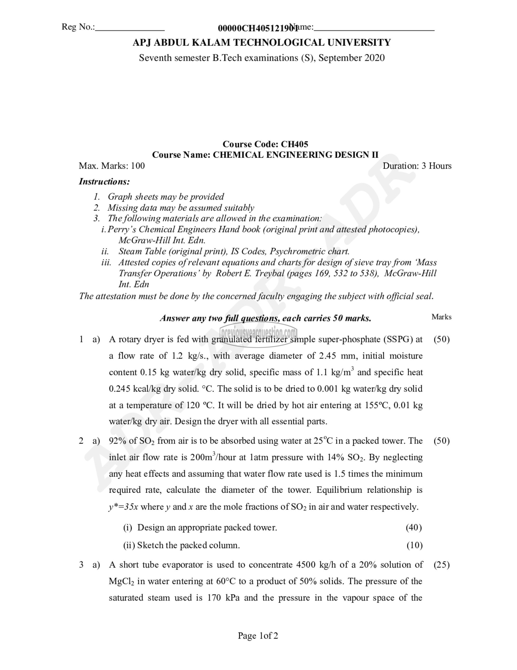 Question Paper - Chemical Engineering Design - II-1