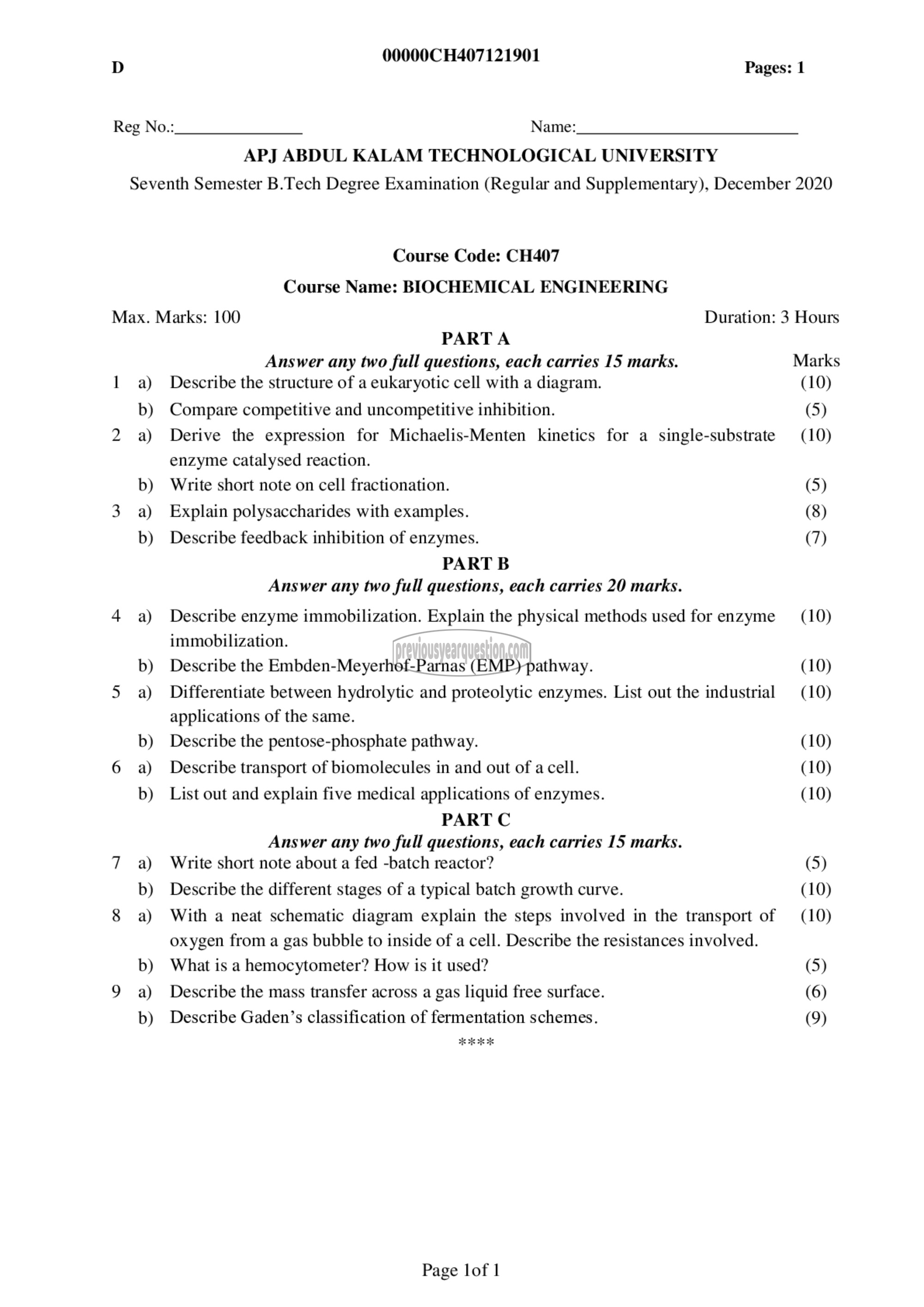 Question Paper - Biochemical Engineering-1