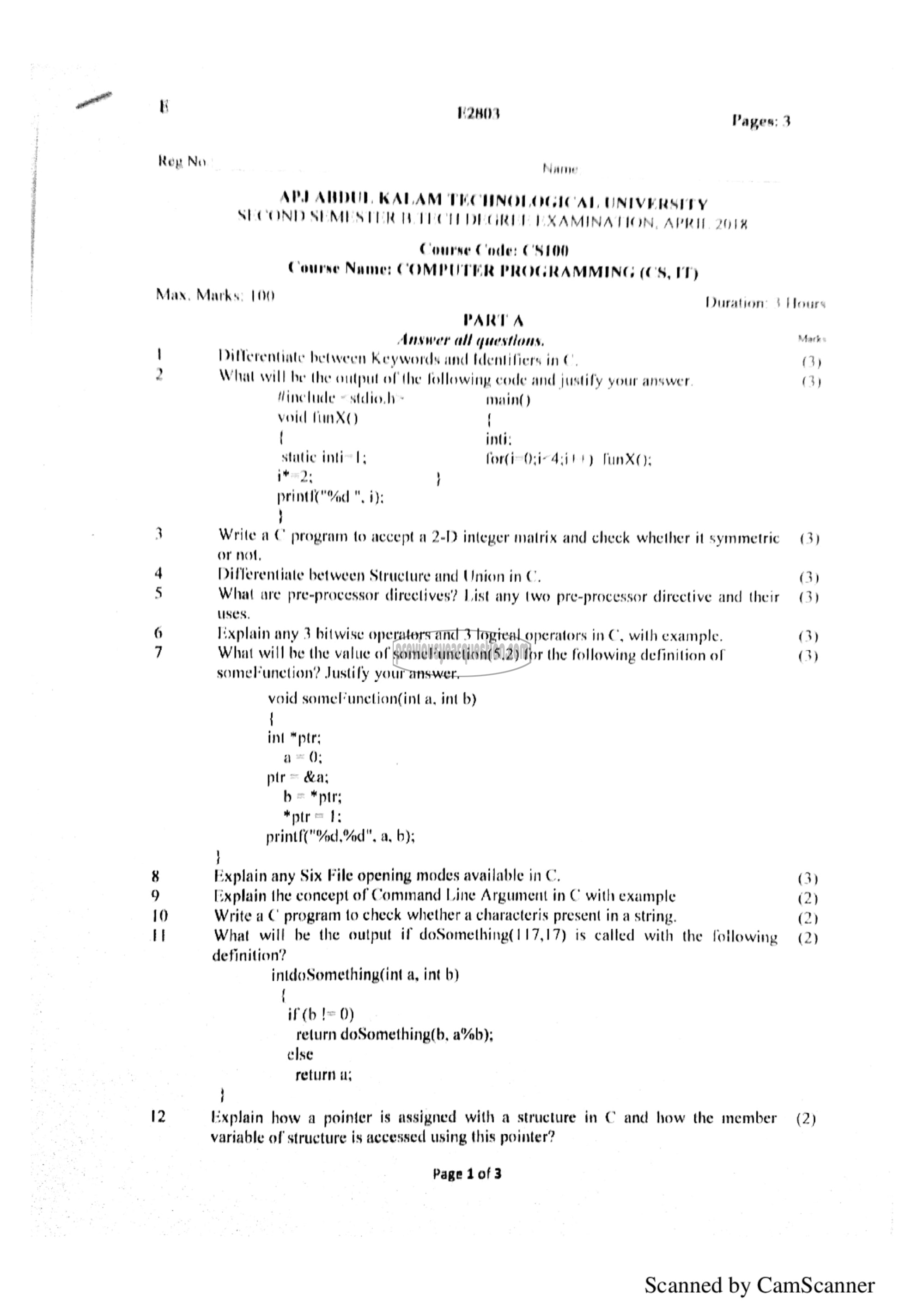 Question Paper - Computer Programming-1