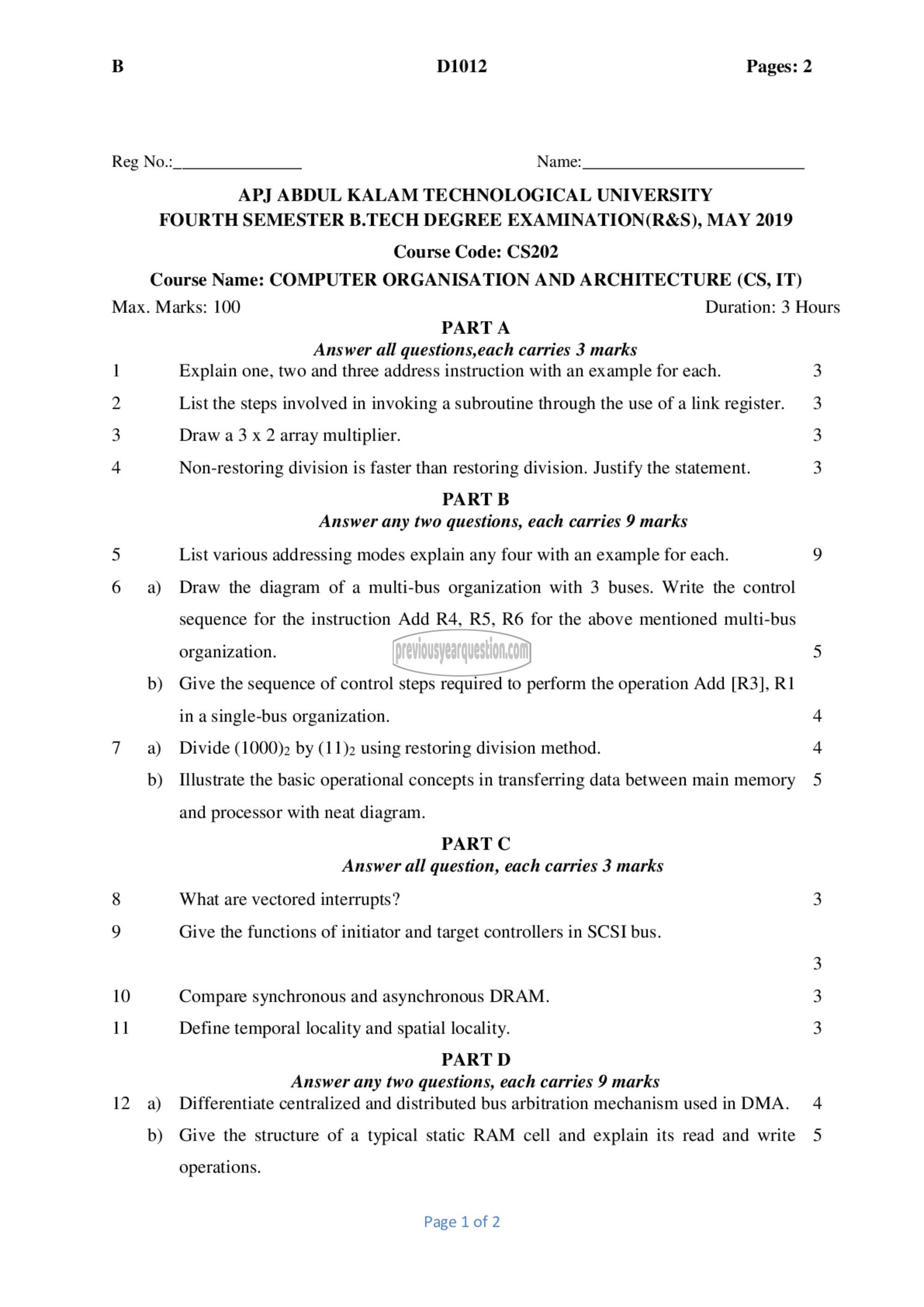 Question Paper - Computer Organization and Architecture-1