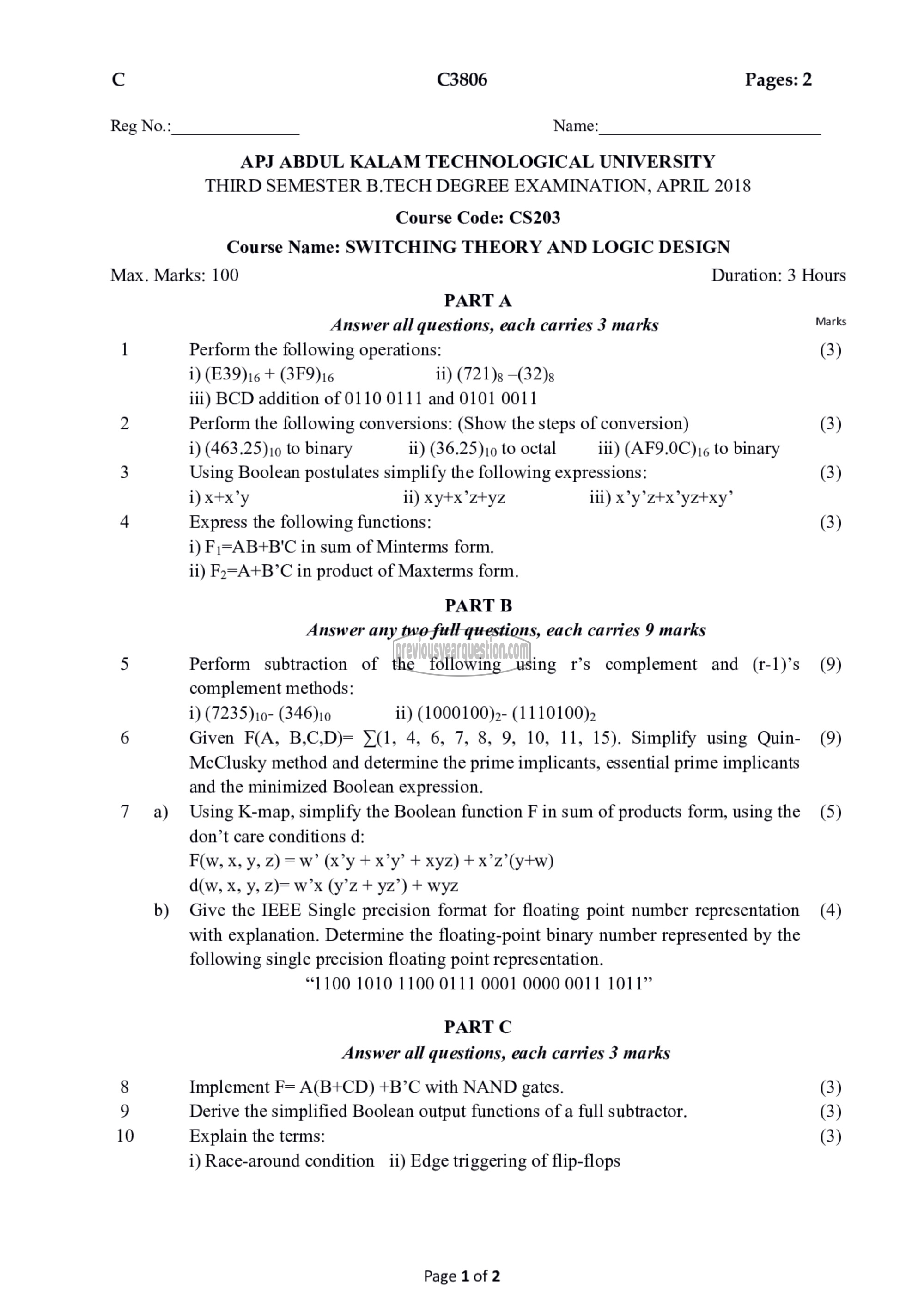 Question Paper - Switching Theory and Logic Design-1