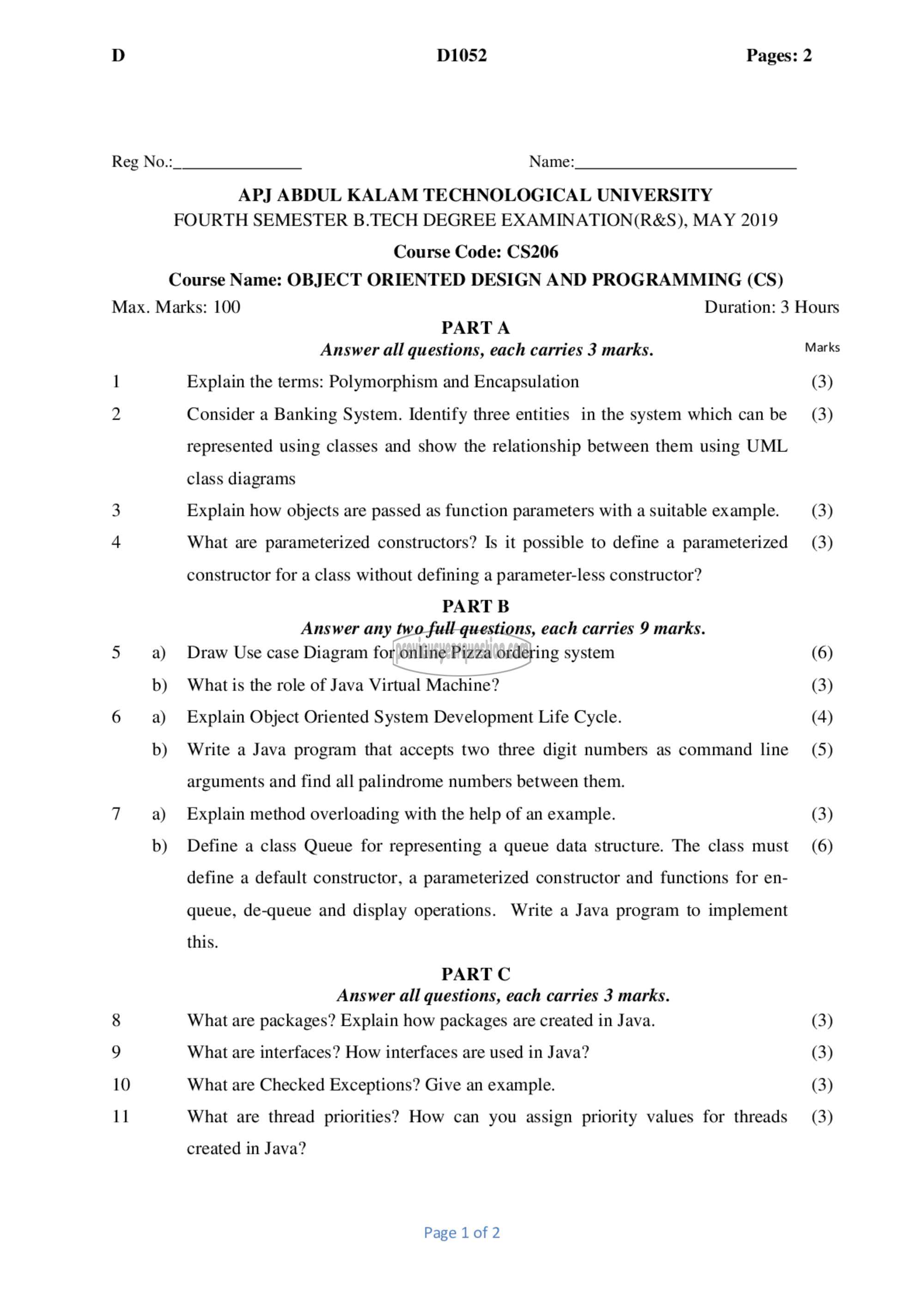 Question Paper - Object Oriented Design and Programming-1