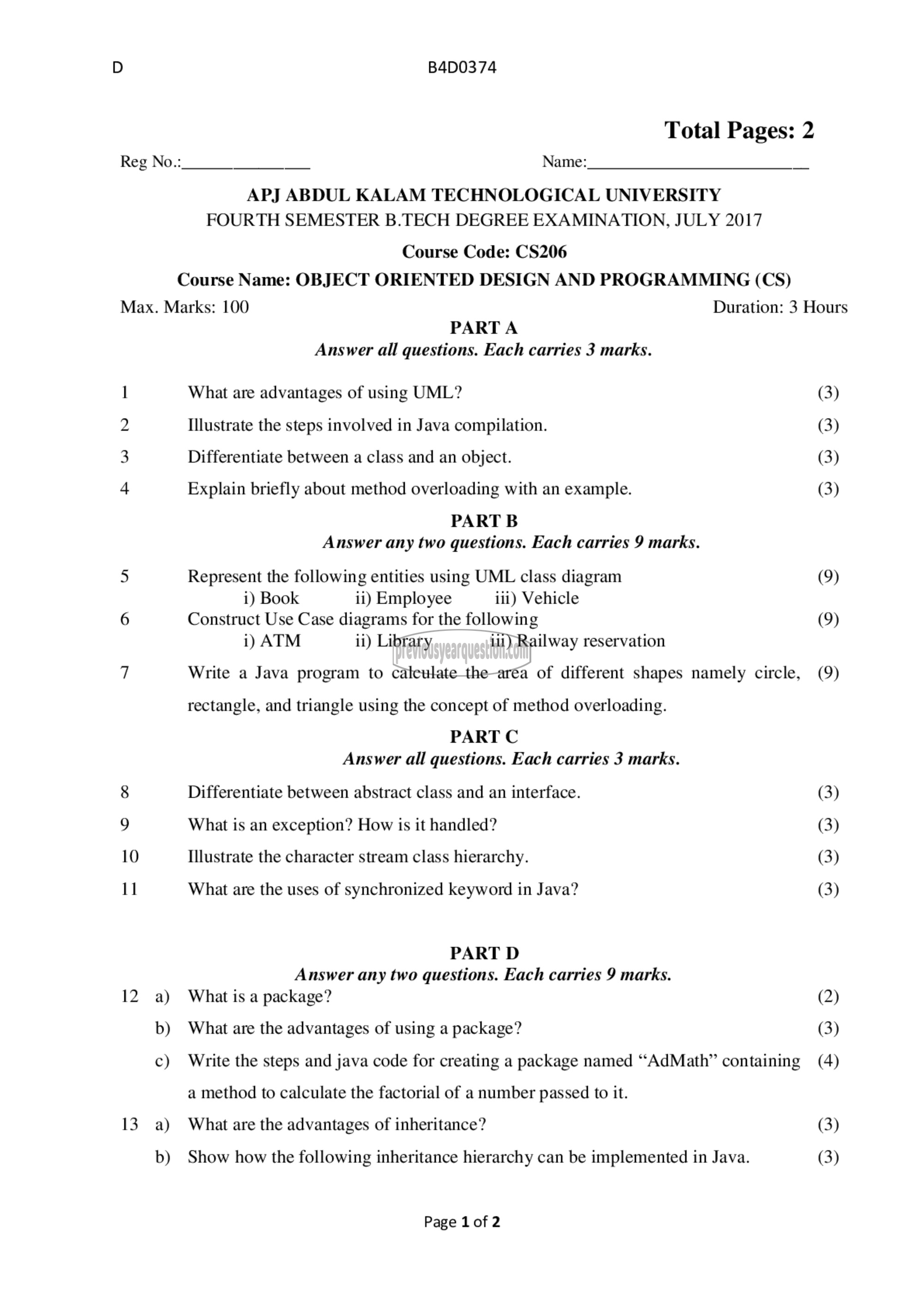 Question Paper - Object Oriented Design and Programming-1