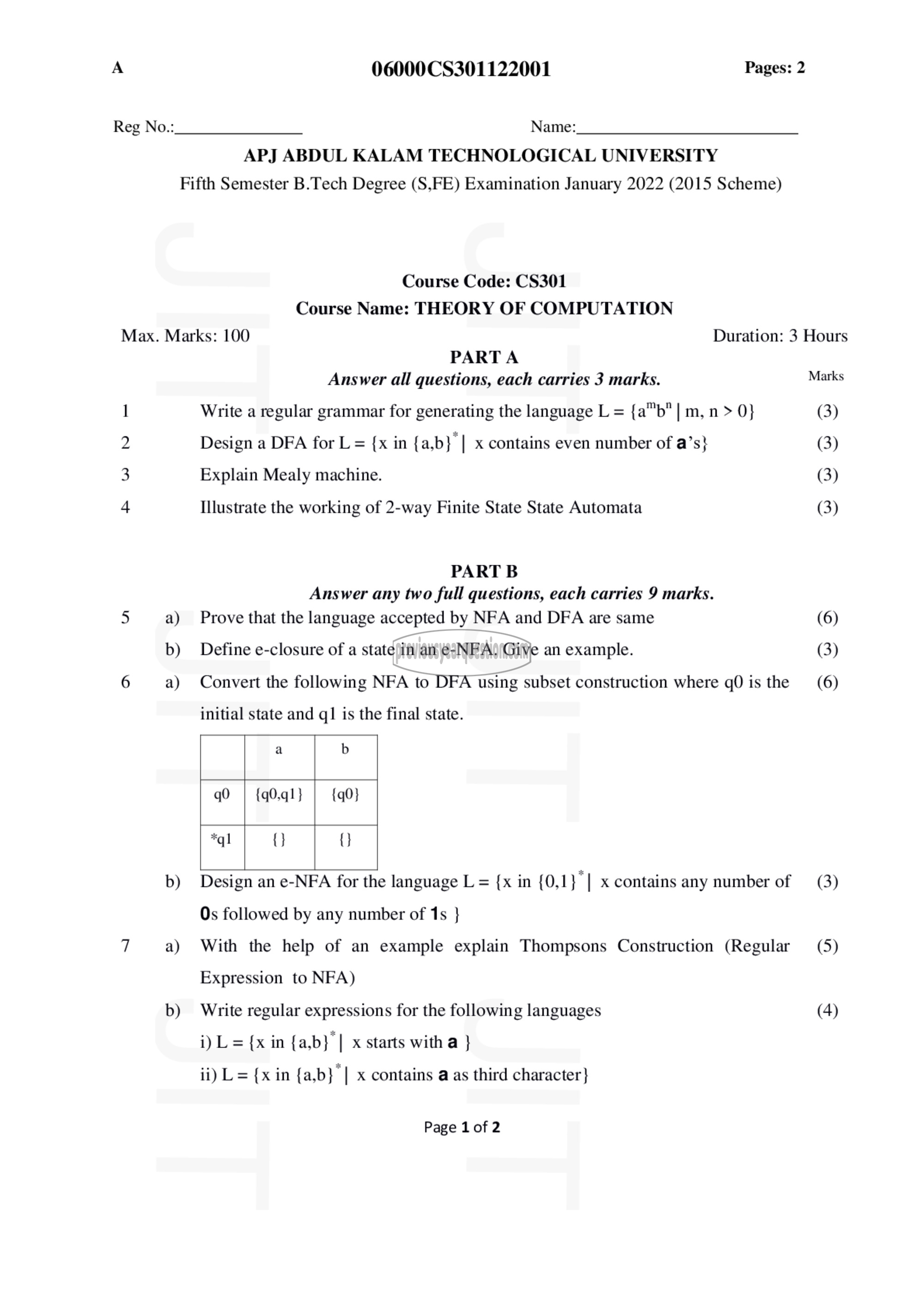 Question Paper - Theory of Computation-1