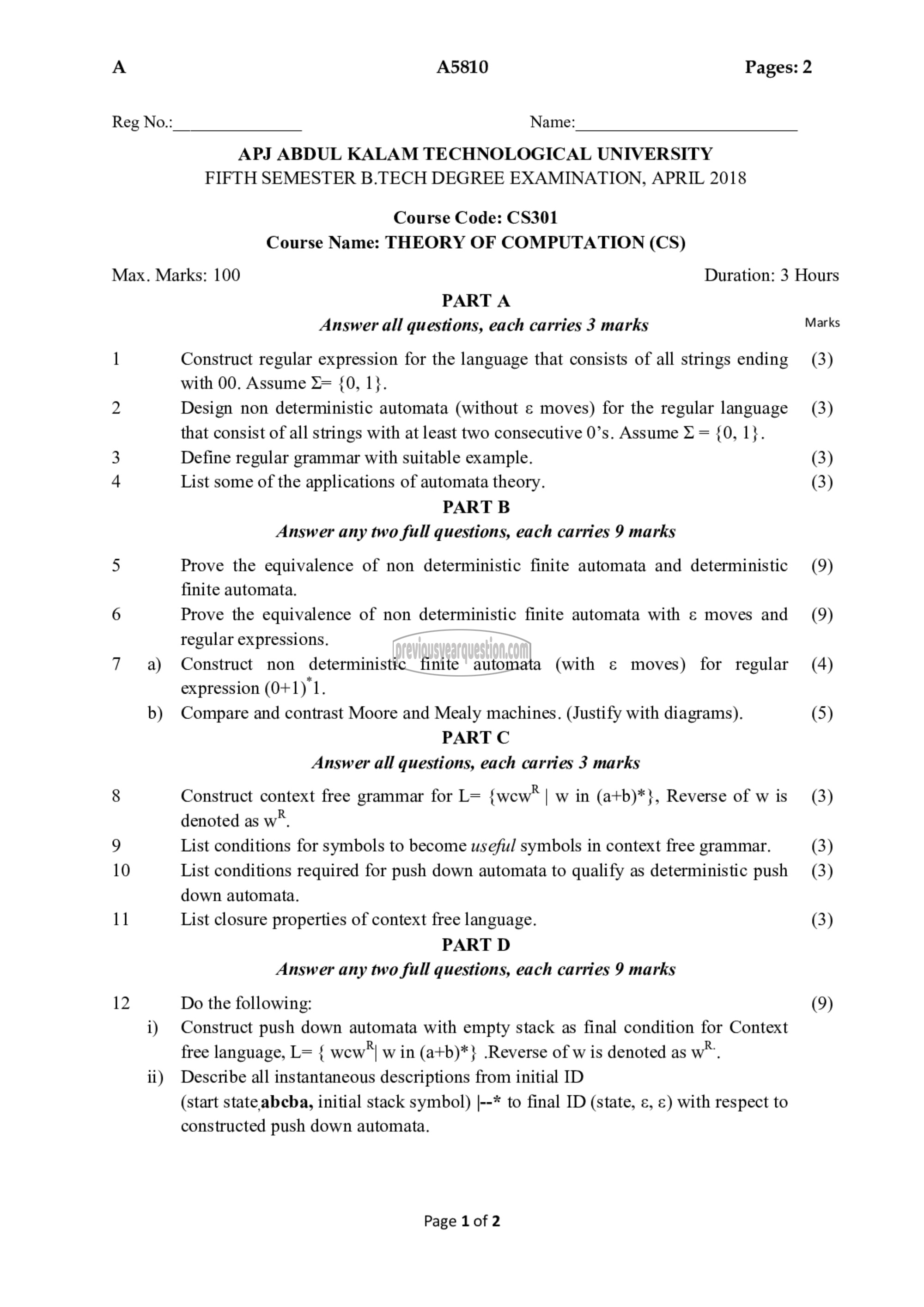 Question Paper - Theory of Computation-1