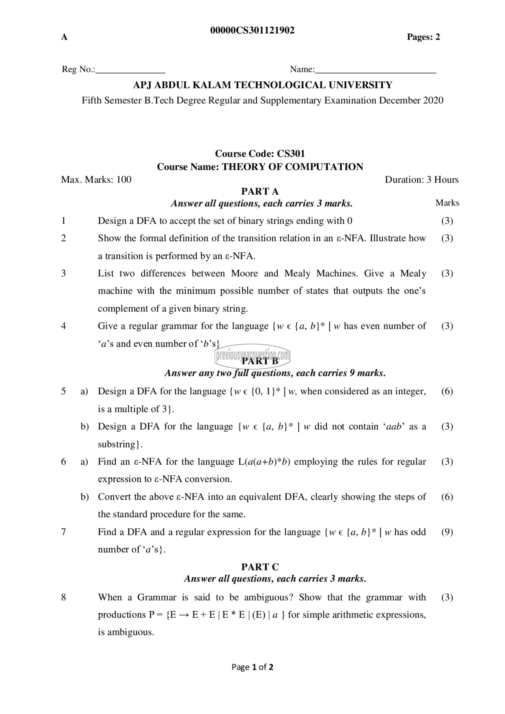 Question Paper - Theory of Computation-1