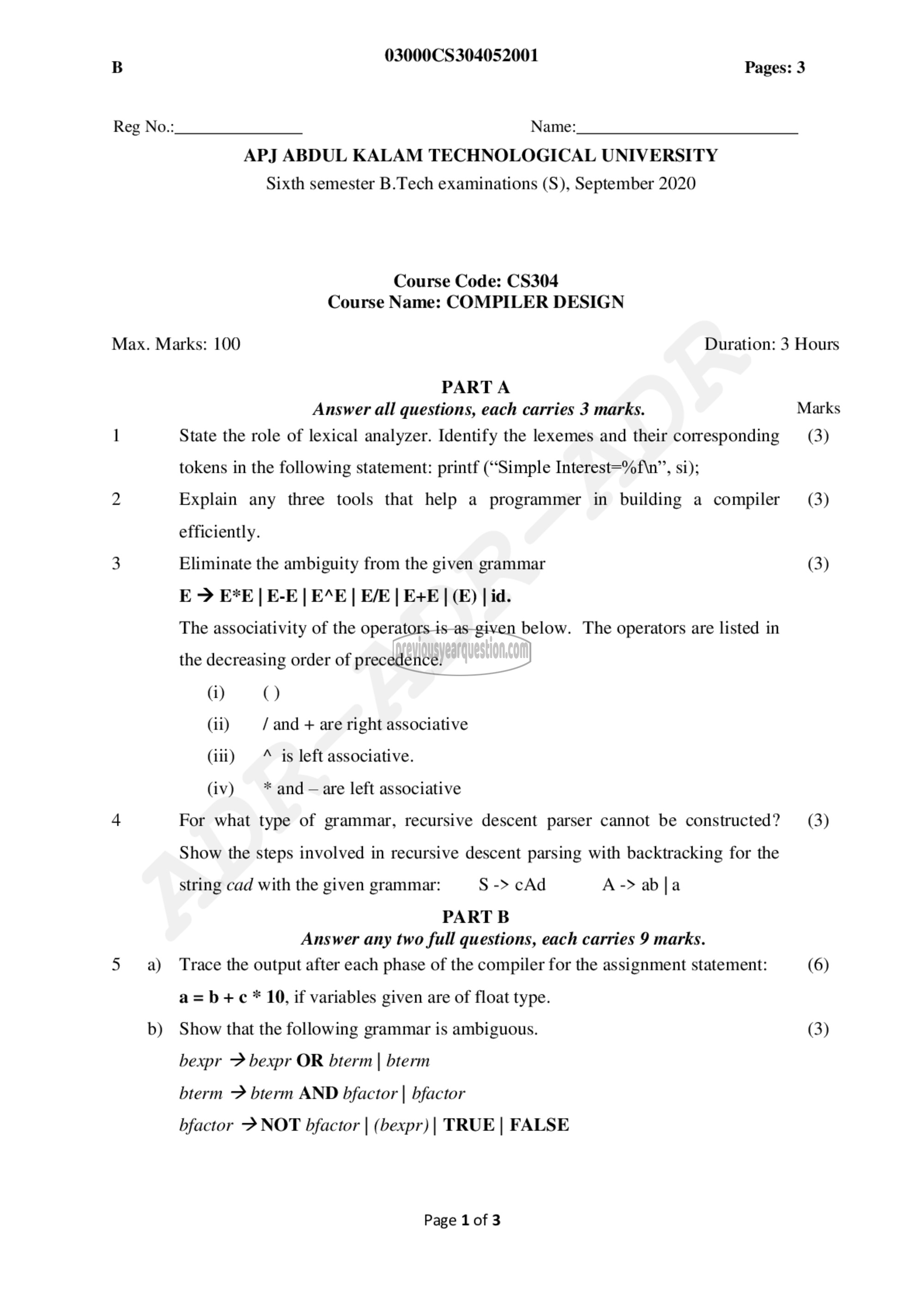 Question Paper - Compiler Design-1