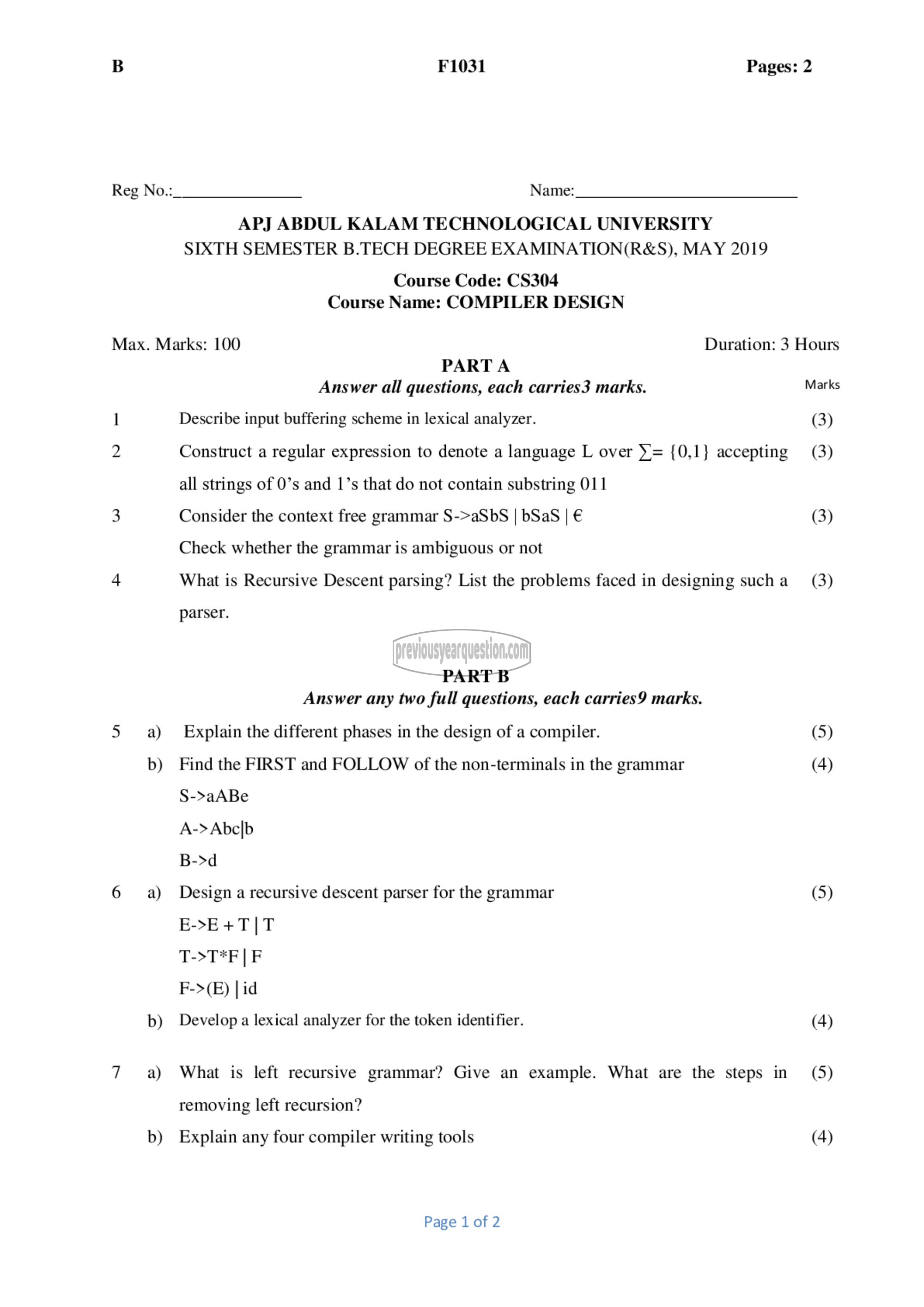 Question Paper - Compiler Design-1