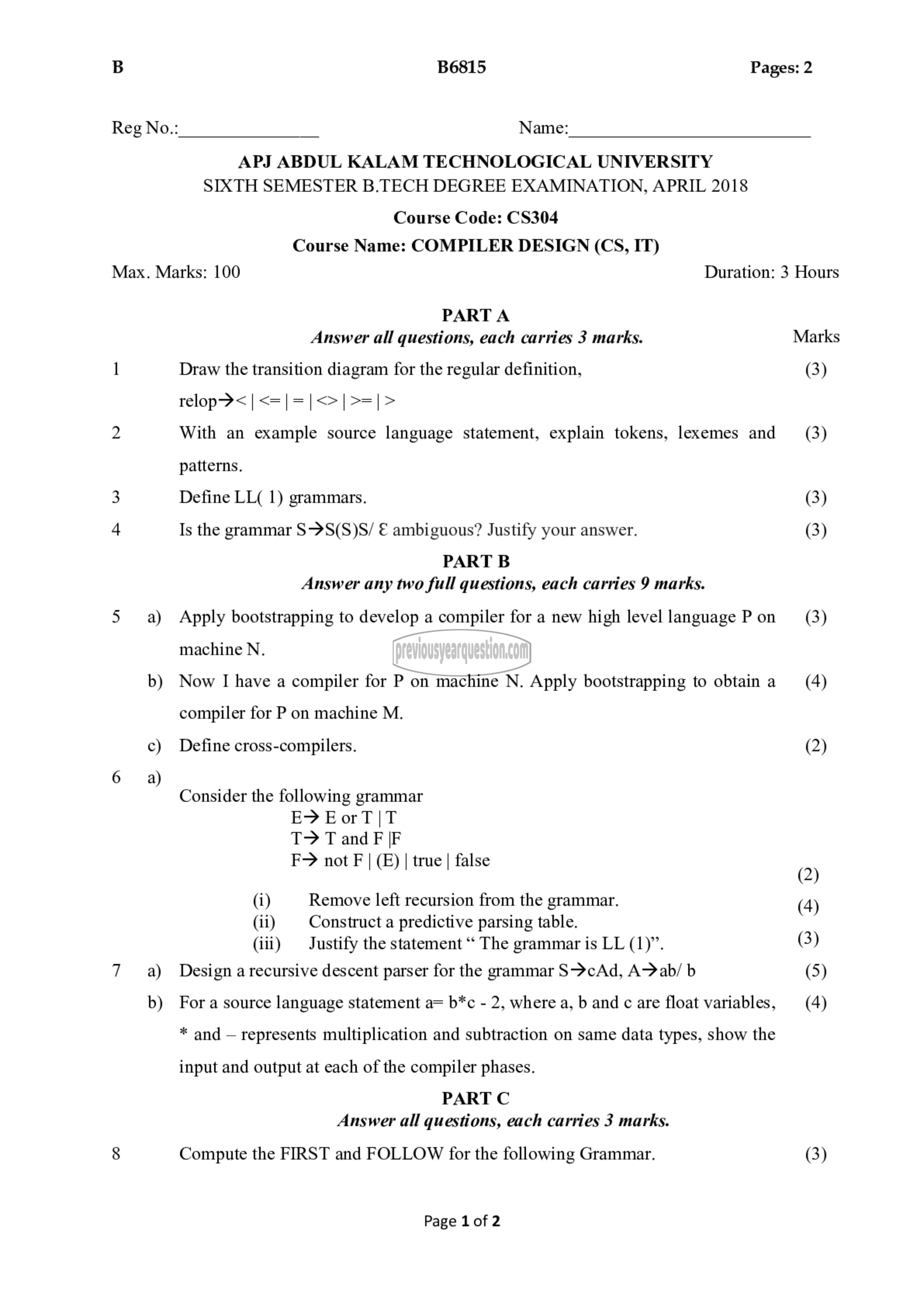 Question Paper - Compiler Design-1