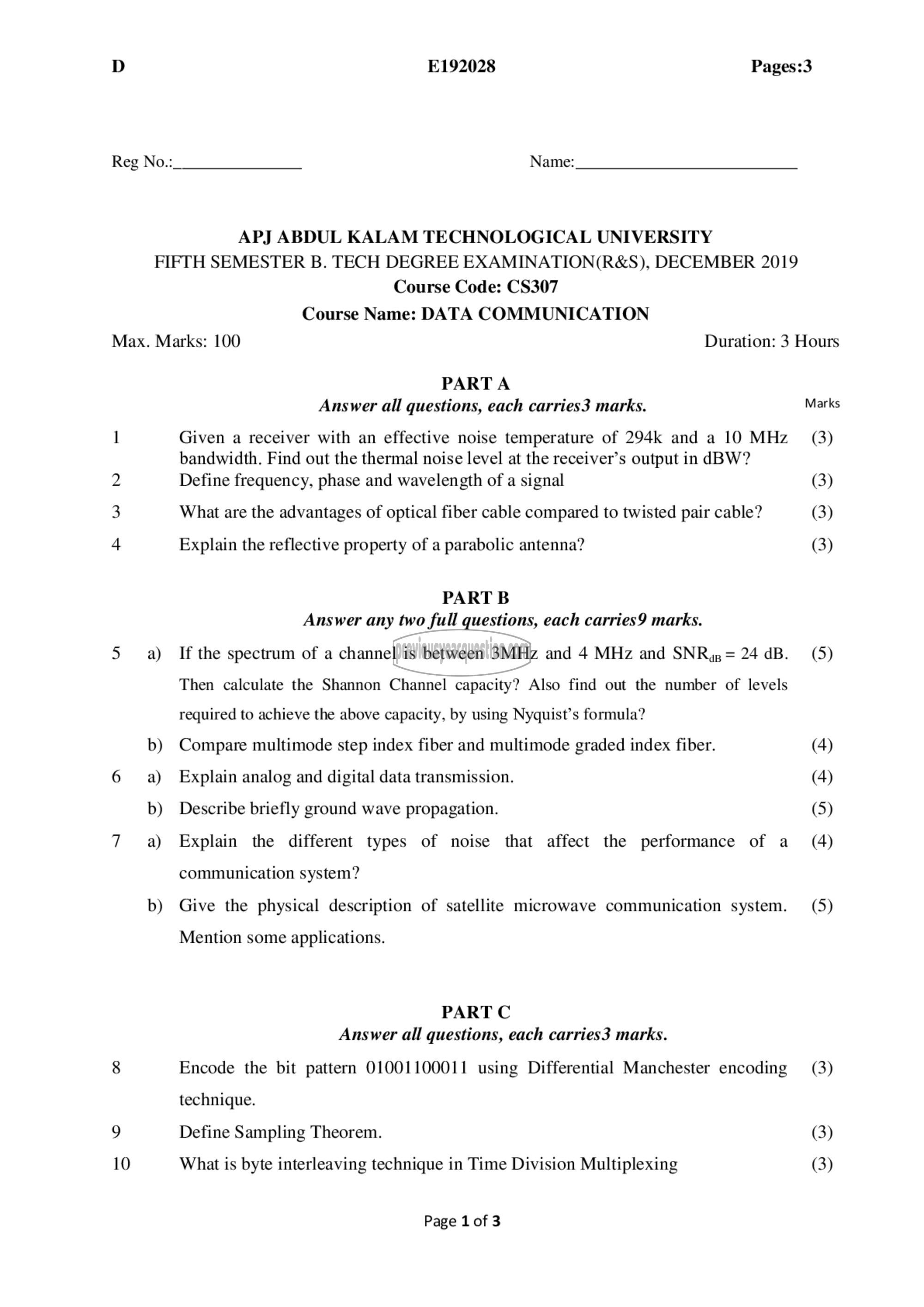 Question Paper - Data Communication-1