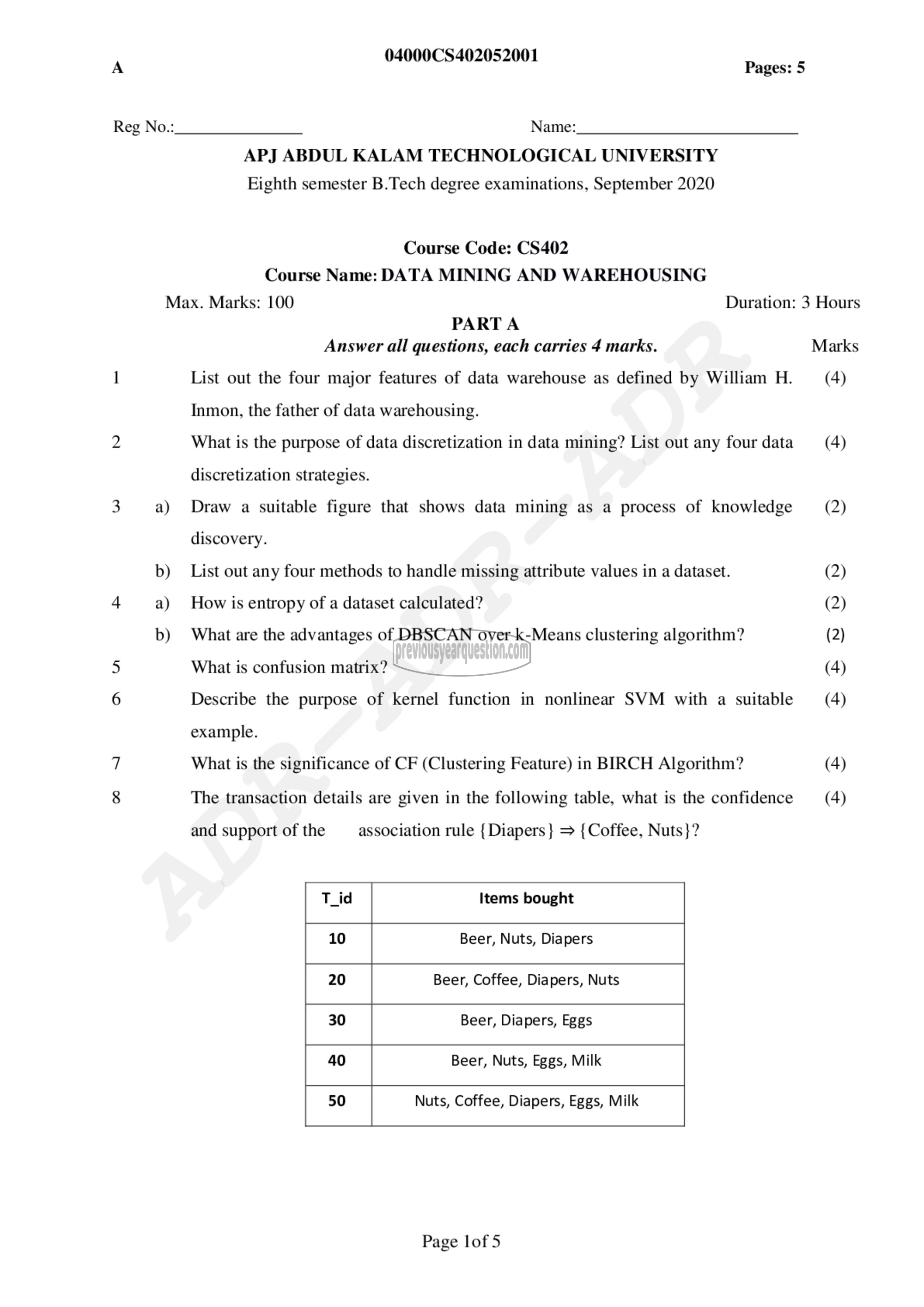 Question Paper - Data Mining and Ware Housing-1