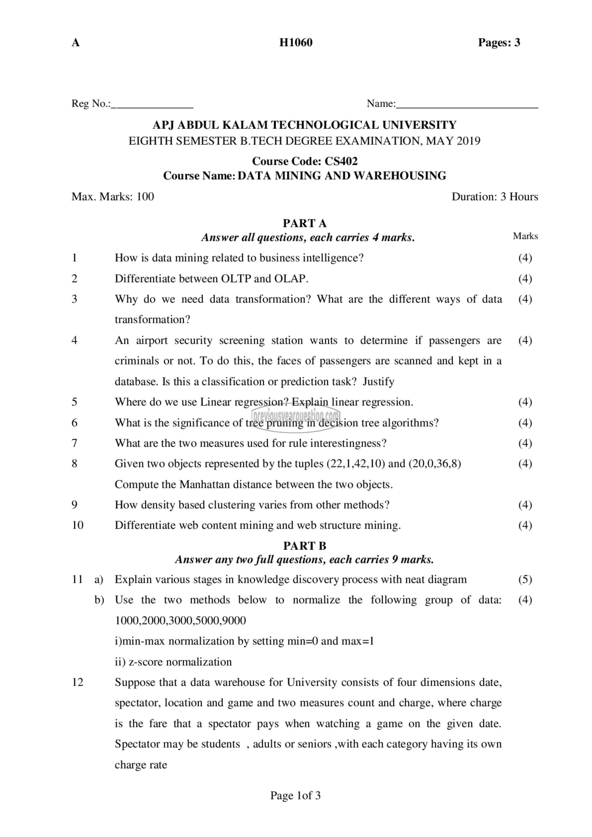 Question Paper - Data Mining and Ware Housing-1