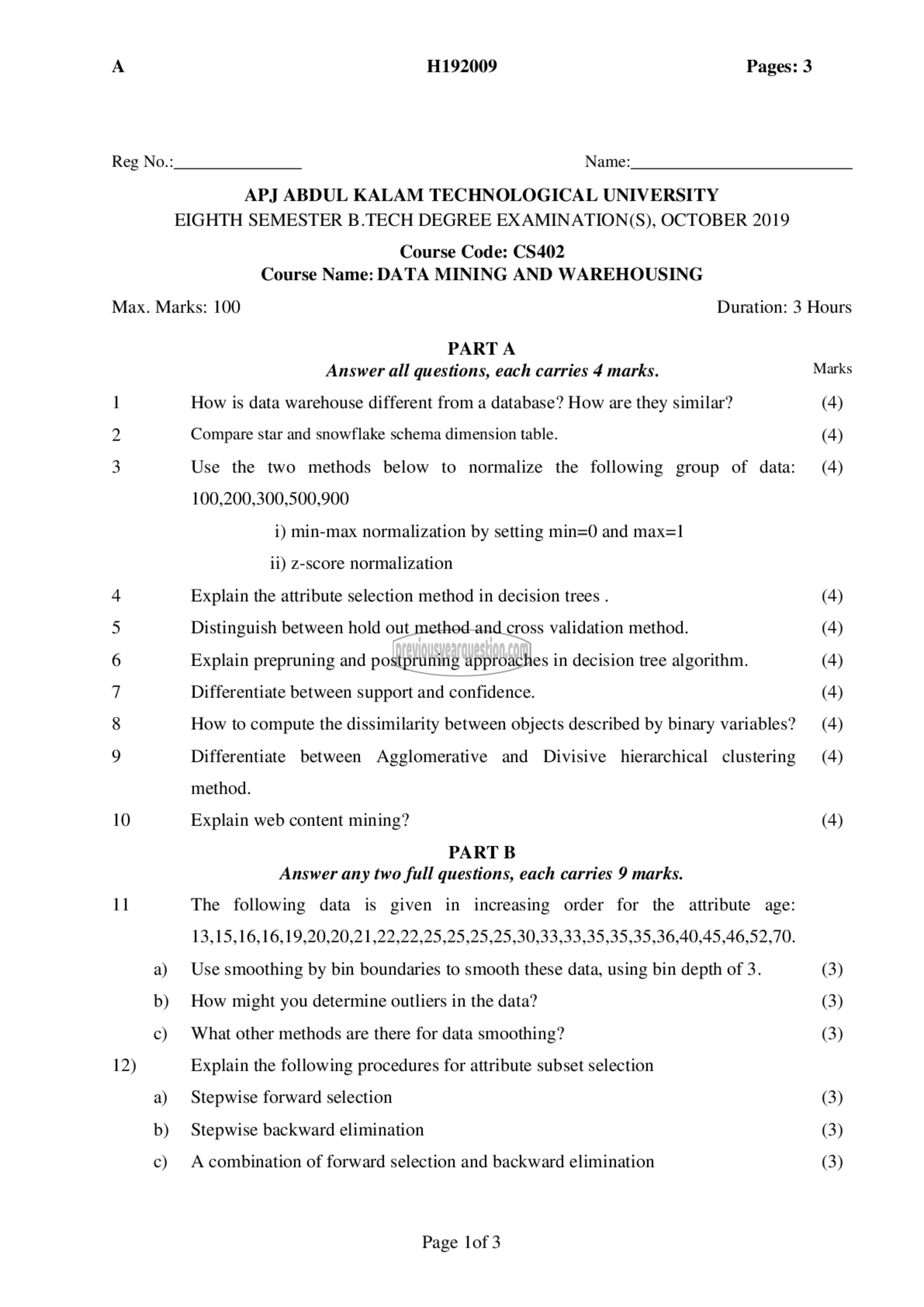 Question Paper - Data Mining and Ware Housing-1