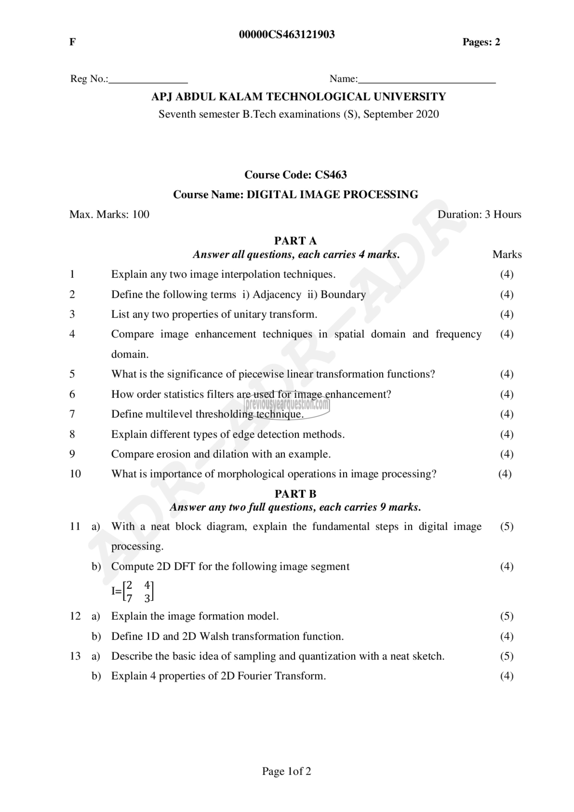 Question Paper - Digital Image Processing-1